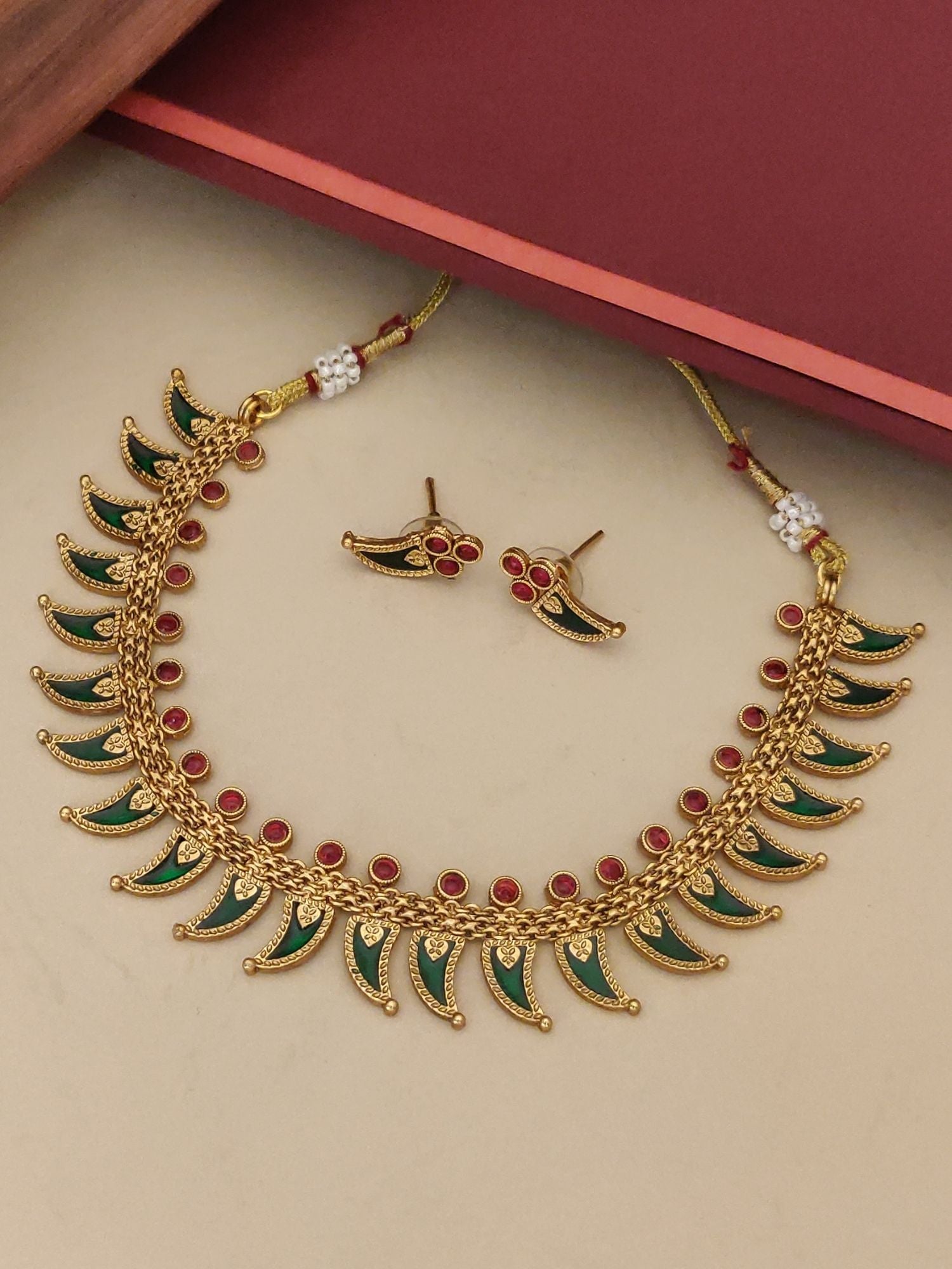 Abdesigns Jewellery Traditional Pendant Chain Set gold green enamel necklace with red stones and matching earrings