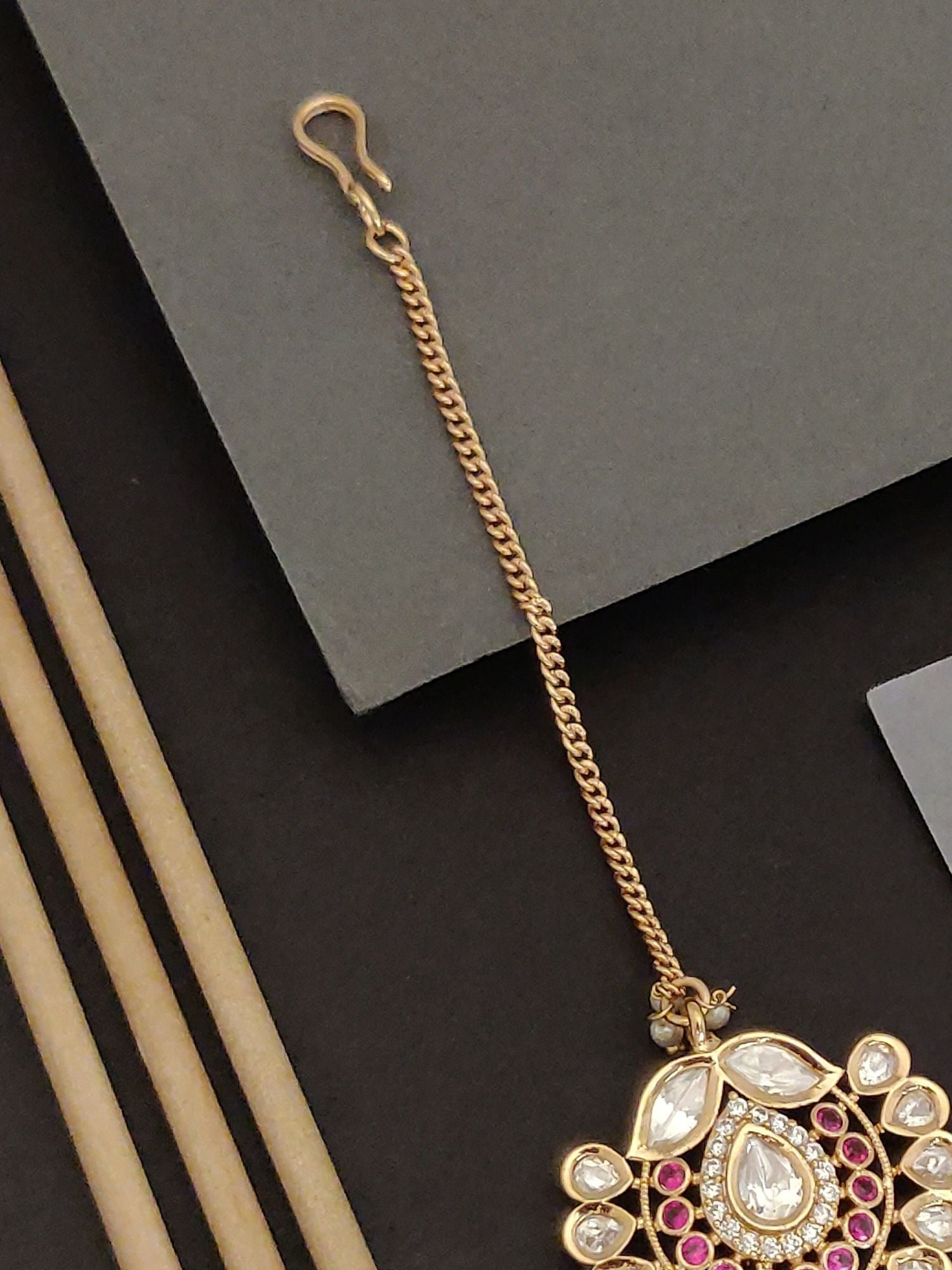 Abdesigns Kundan Maangtikka Bridal Gold Plated long chain maangtikka with teardrop kundan and pink stone detailing