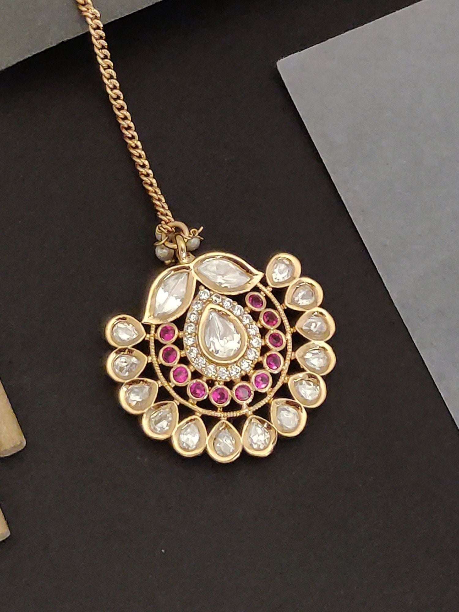 Abdesigns Kundan Maangtikka Bridal Gold Plated round kundan pendant with teardrop center stones and pink accents on gold chain