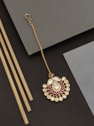 Abdesigns Kundan Maangtikka Bridal Gold Plated ornate teardrop maangtikka with chain Kundan stones and pink accents bridal wear