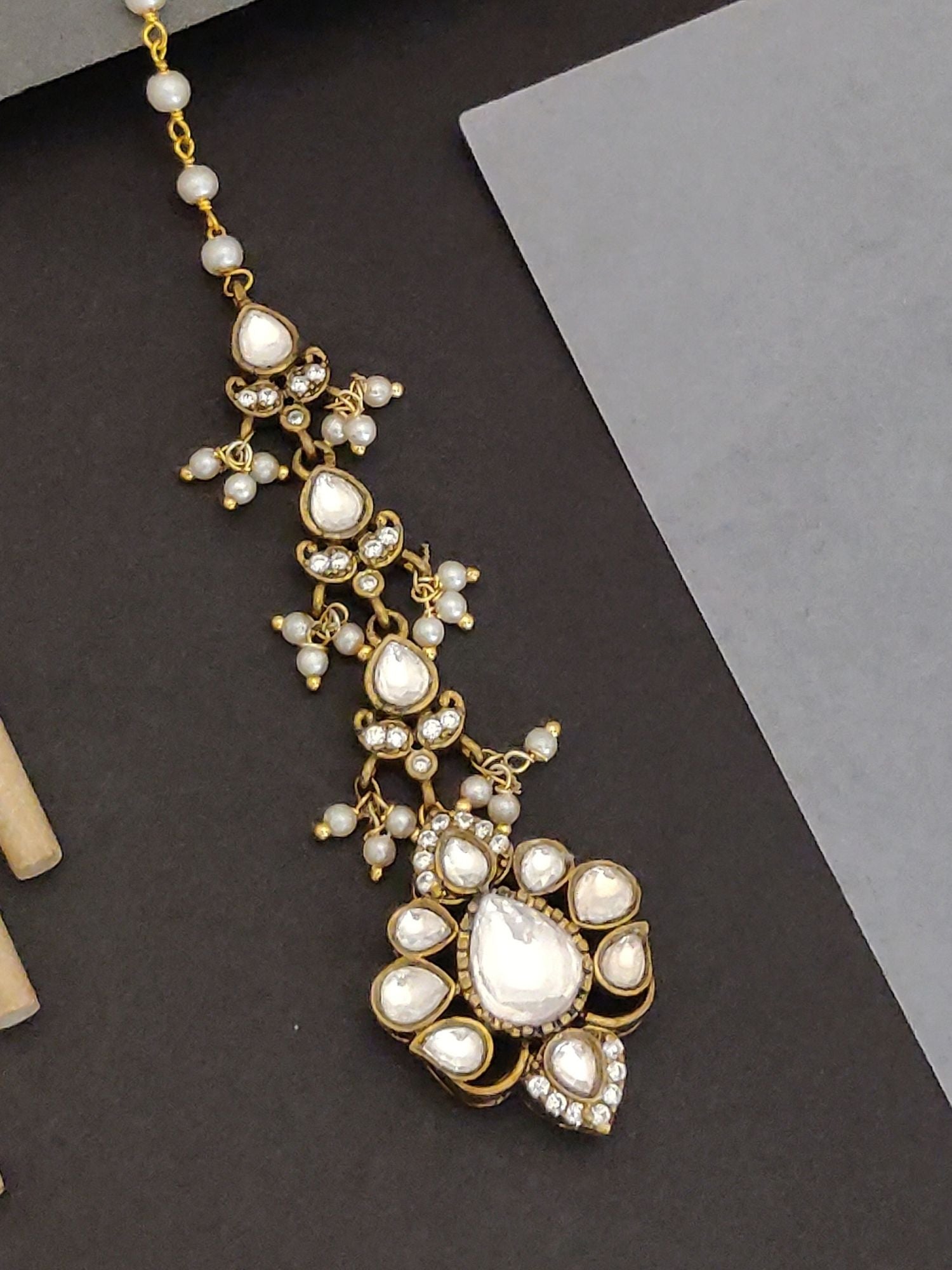 Abdesigns Kundan Pearl Maangtikka - Bridal gold teardrop Kundan maangtikka with pearl beads and floral clusters