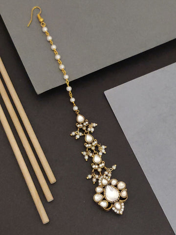 Abdesigns Kundan Pearl Maangtikka - Bridal ornate gold maangtikka with white kundan stones and hanging pearls for wedding