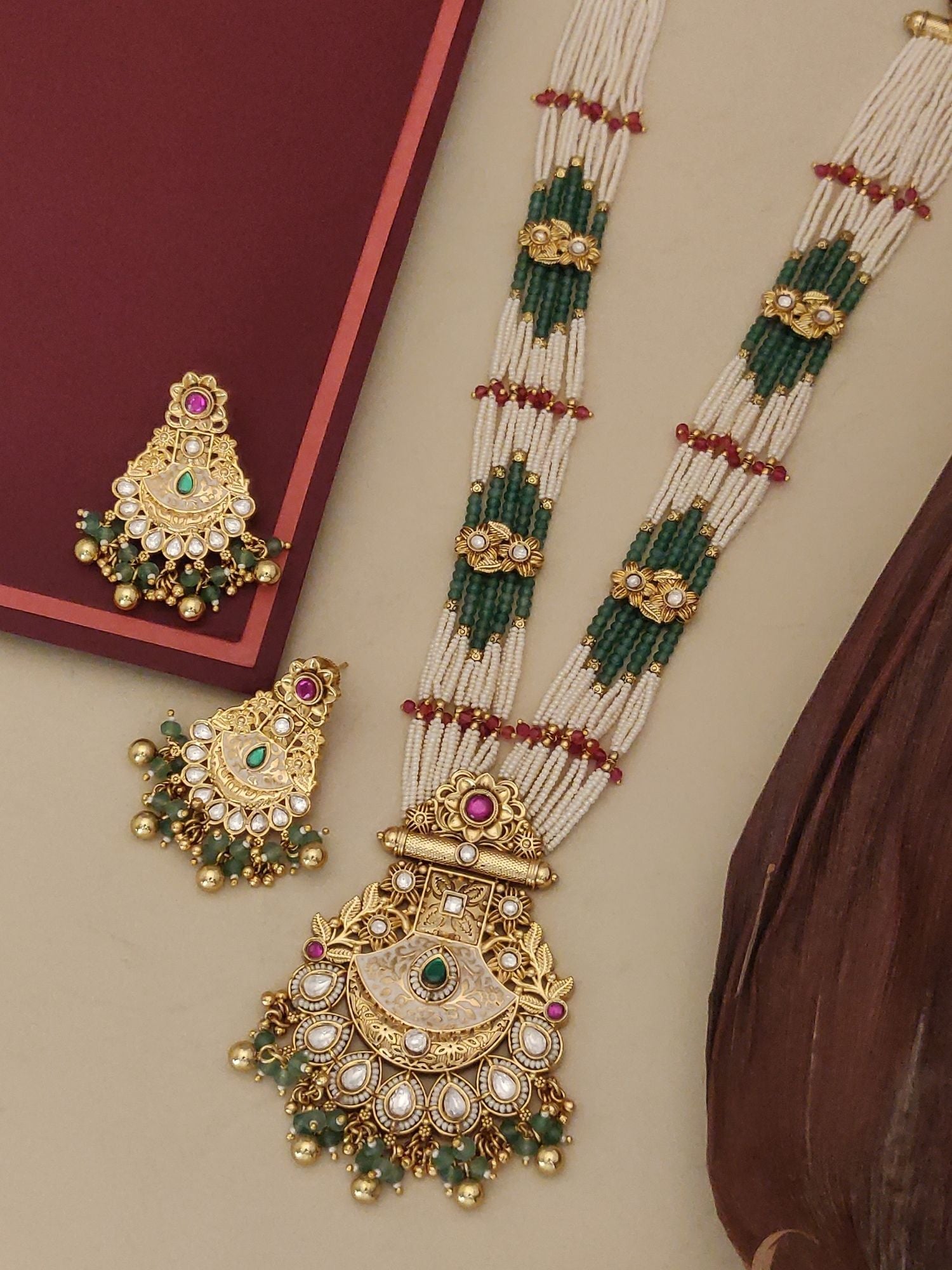 Abdesigns Long Antique Bridal Gold Plated Pearl Necklace Set with green bead accents and matching jhumka earrings