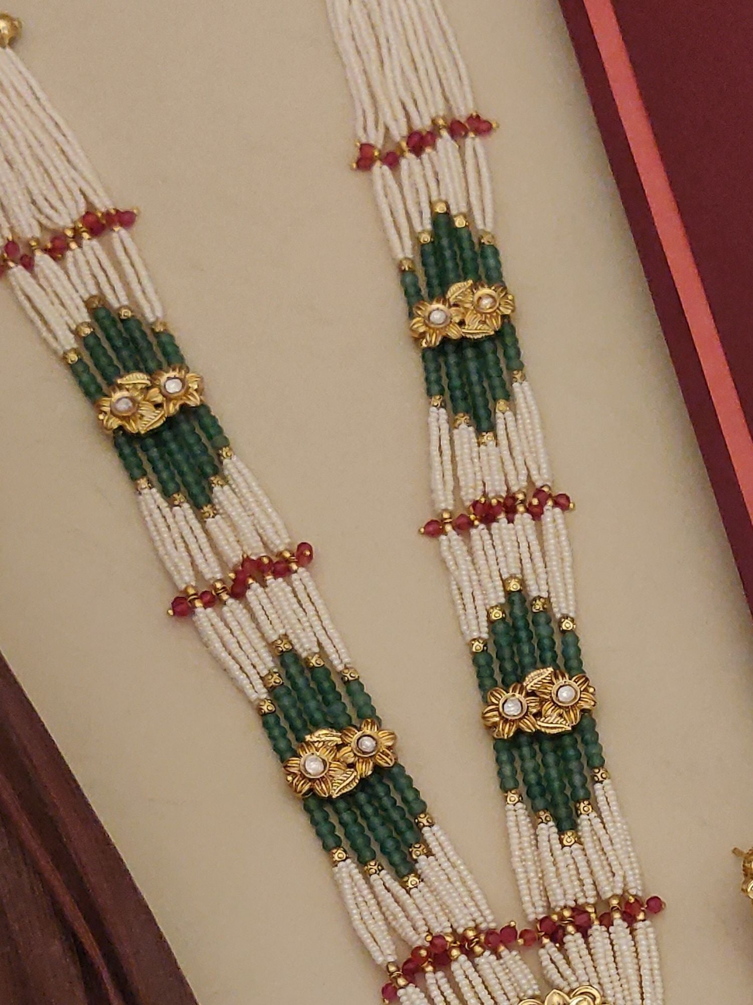 Abdesigns Long Antique Bridal Gold Plated Pearl Necklace Set with multi strand pearls green bead accents and gold floral motifs