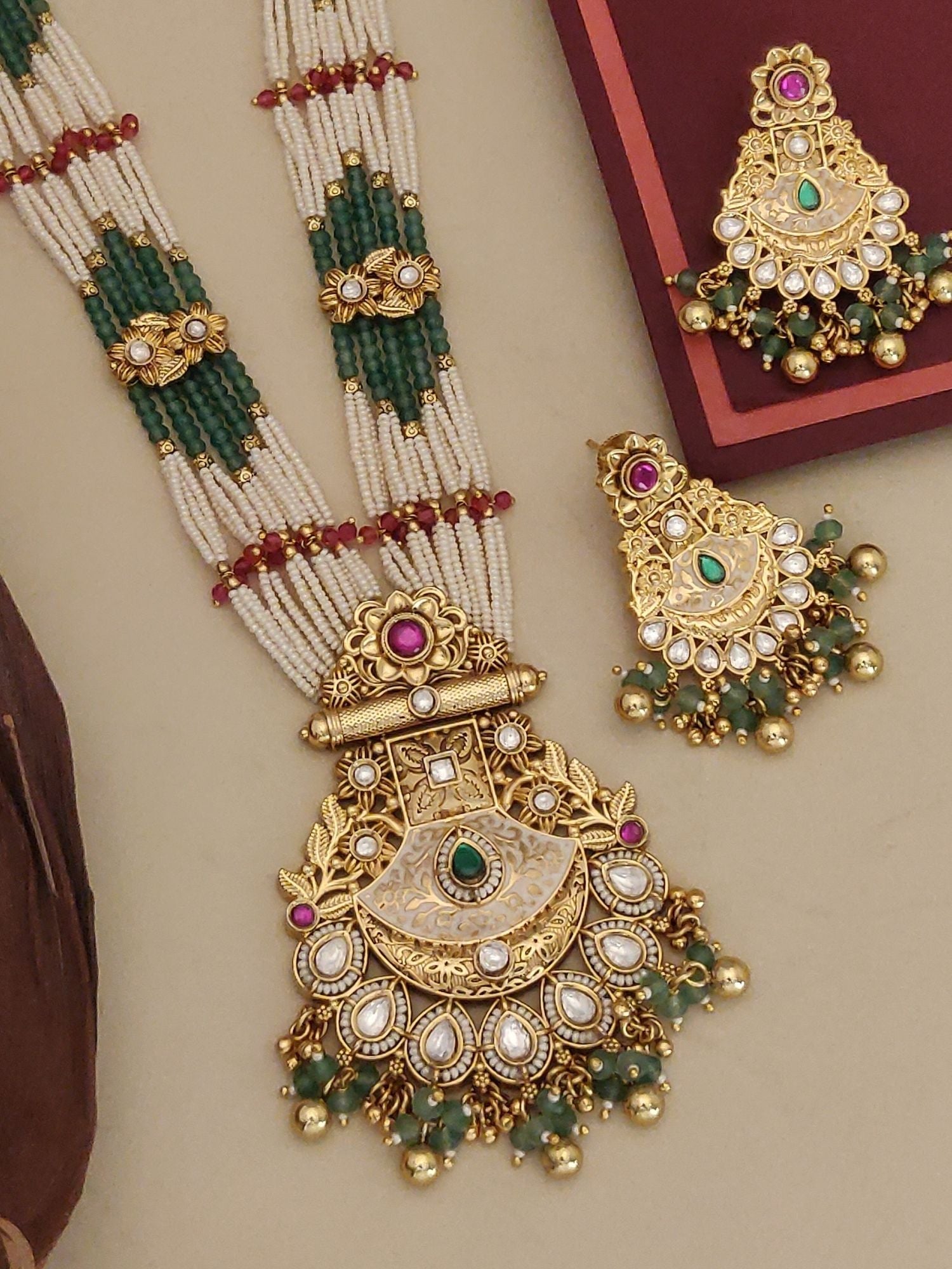 Abdesigns Long Antique Bridal Gold Plated Pearl Necklace Set with layered pearls green beads gold pendant and matching earrings