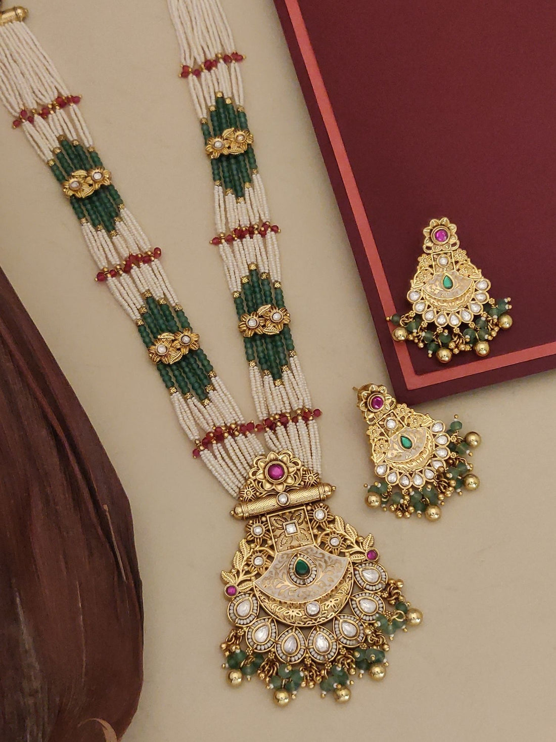 Abdesigns Long Antique Bridal Gold Plated Pearl Necklace Set with multi strand pearls green accents and matching earrings