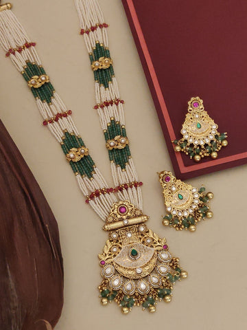 Abdesigns Long Antique Bridal Gold Plated Pearl Necklace Set with multi strand pearls green accents and matching earrings