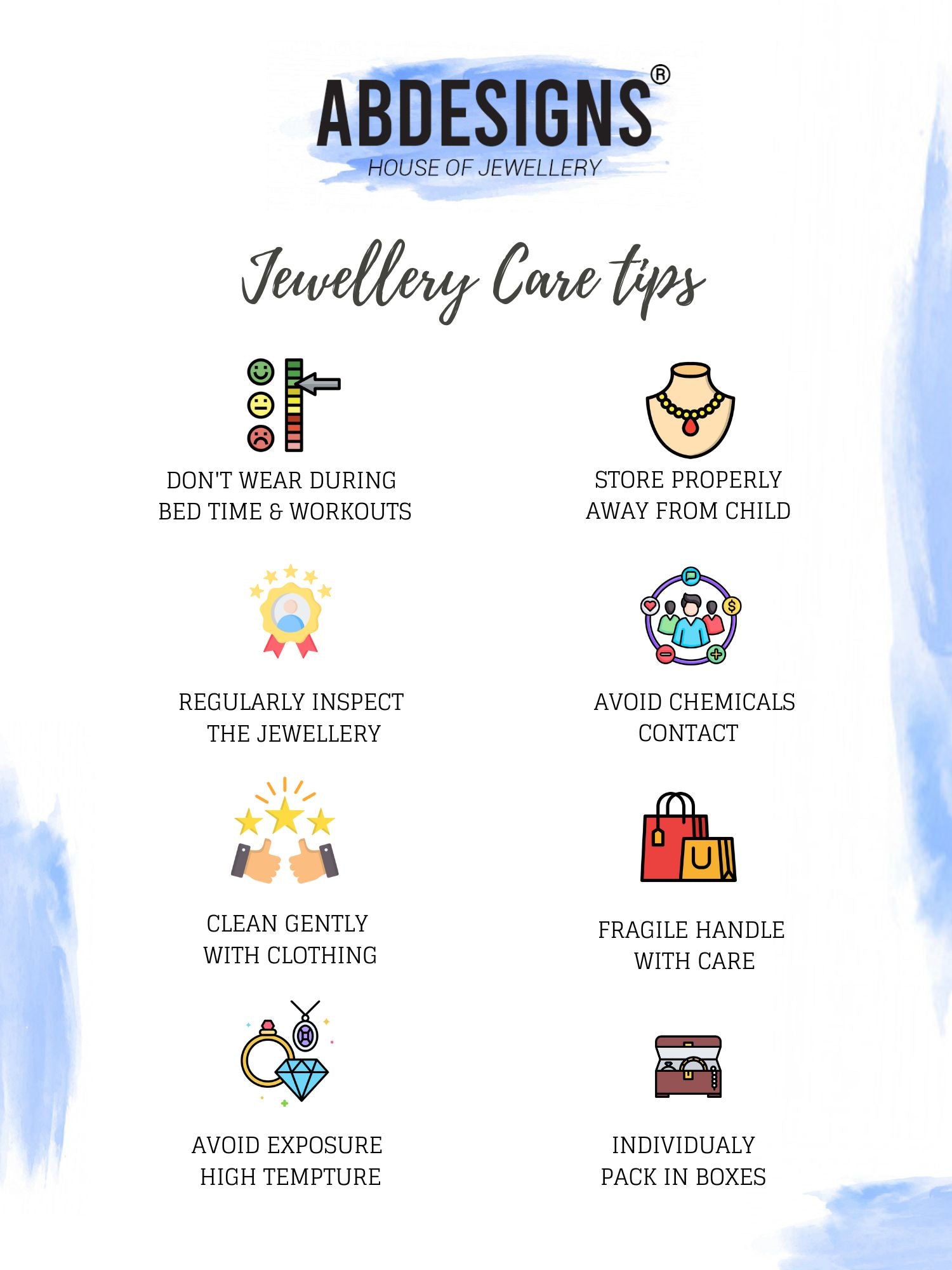 Abdesigns Luxe gold plated mangalsutra for women. Poster showing jewellery care tips with icons and short instructions