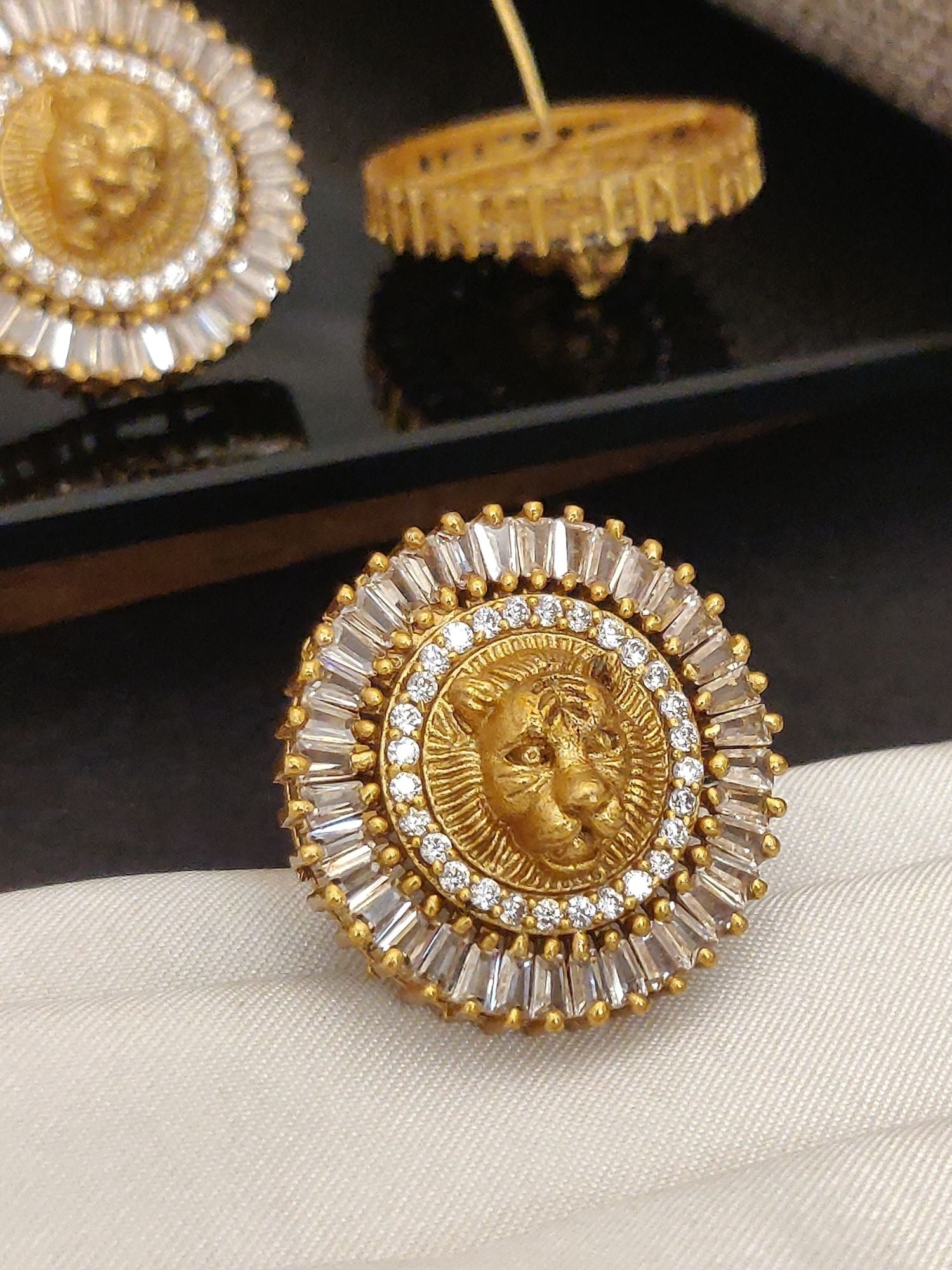 Abdesigns Sabyasachi inspired Gold Plated Earring And Ring Combo round lion medallion earring with baguette crystals