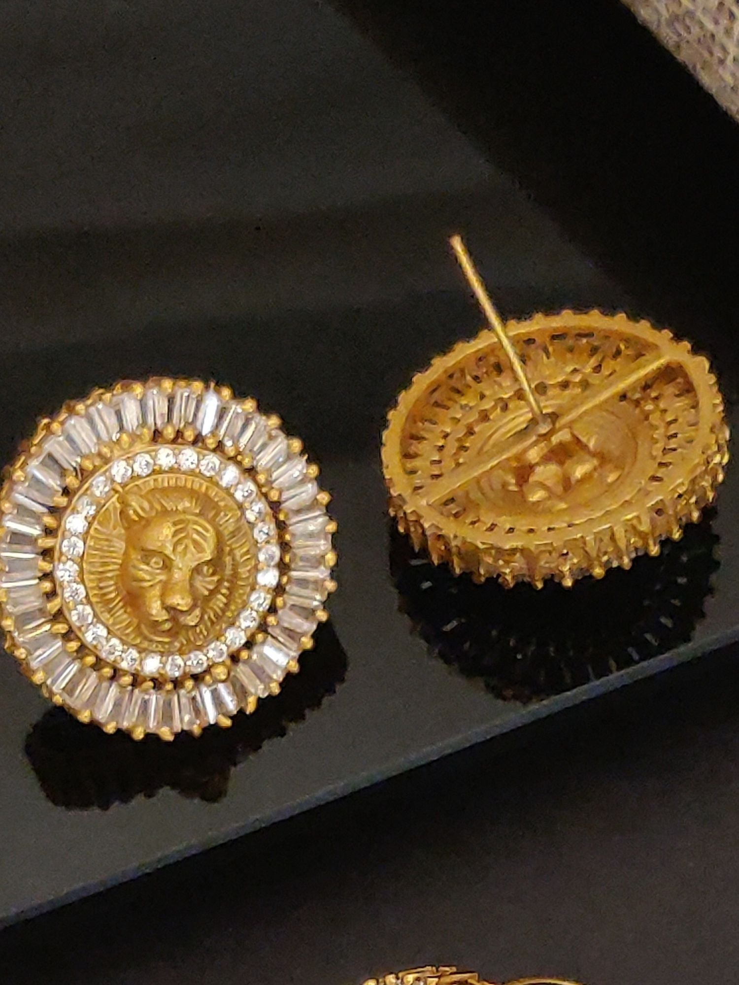 Abdesigns Sabyasachi inspired Gold Plated Earring And Ring Combo gold stud earrings with lion face and crystal halo