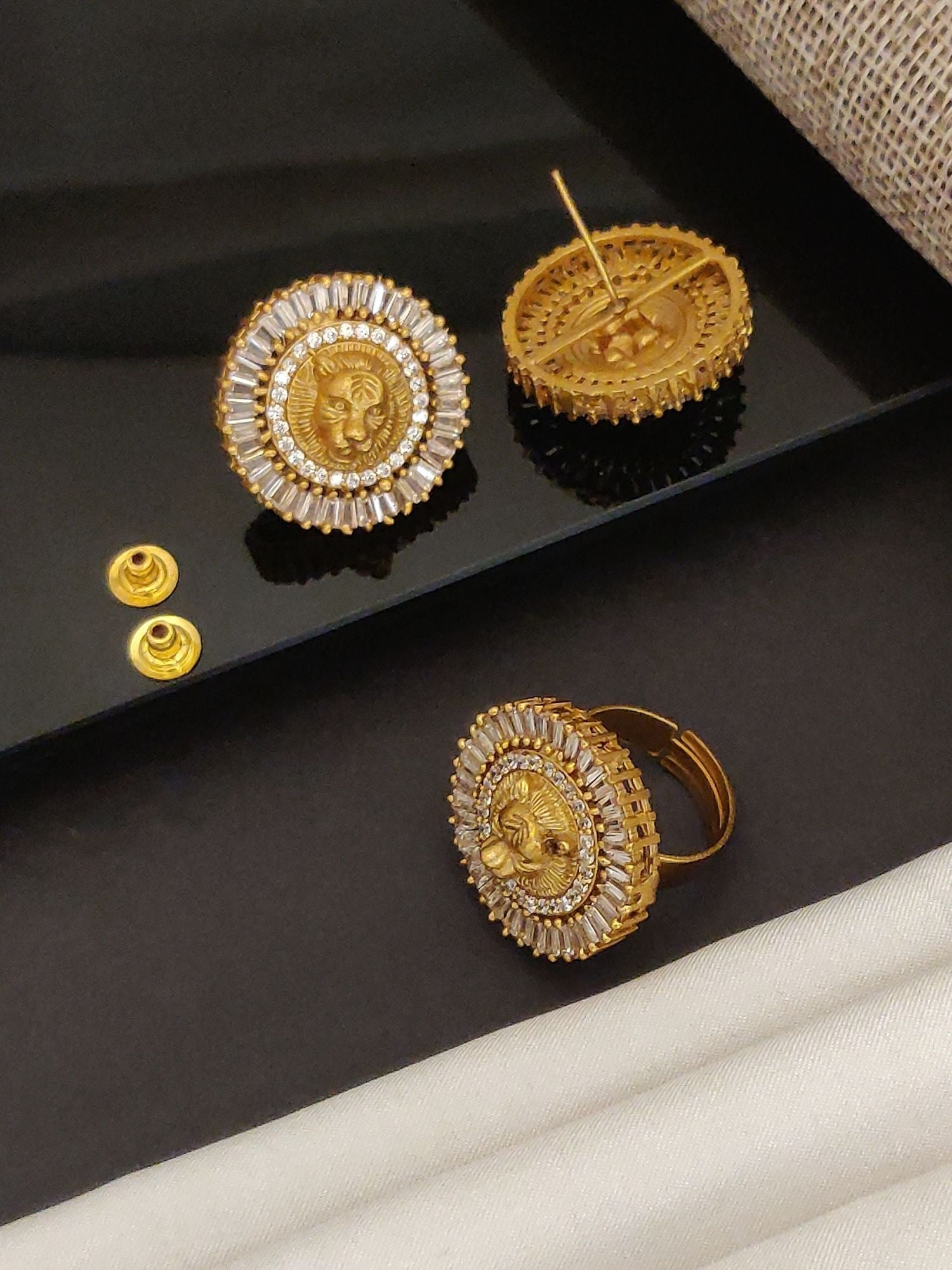 Abdesigns Sabyasachi inspired Gold Plated Earring And Ring Combo round lion medallion with baguette crystals and adjustable ring