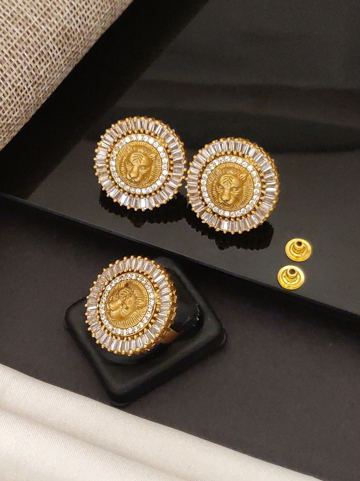 Abdesigns Sabyasachi inspired Gold Plated Earring And Ring Combo round gold plated earrings and ring with central deity medallion