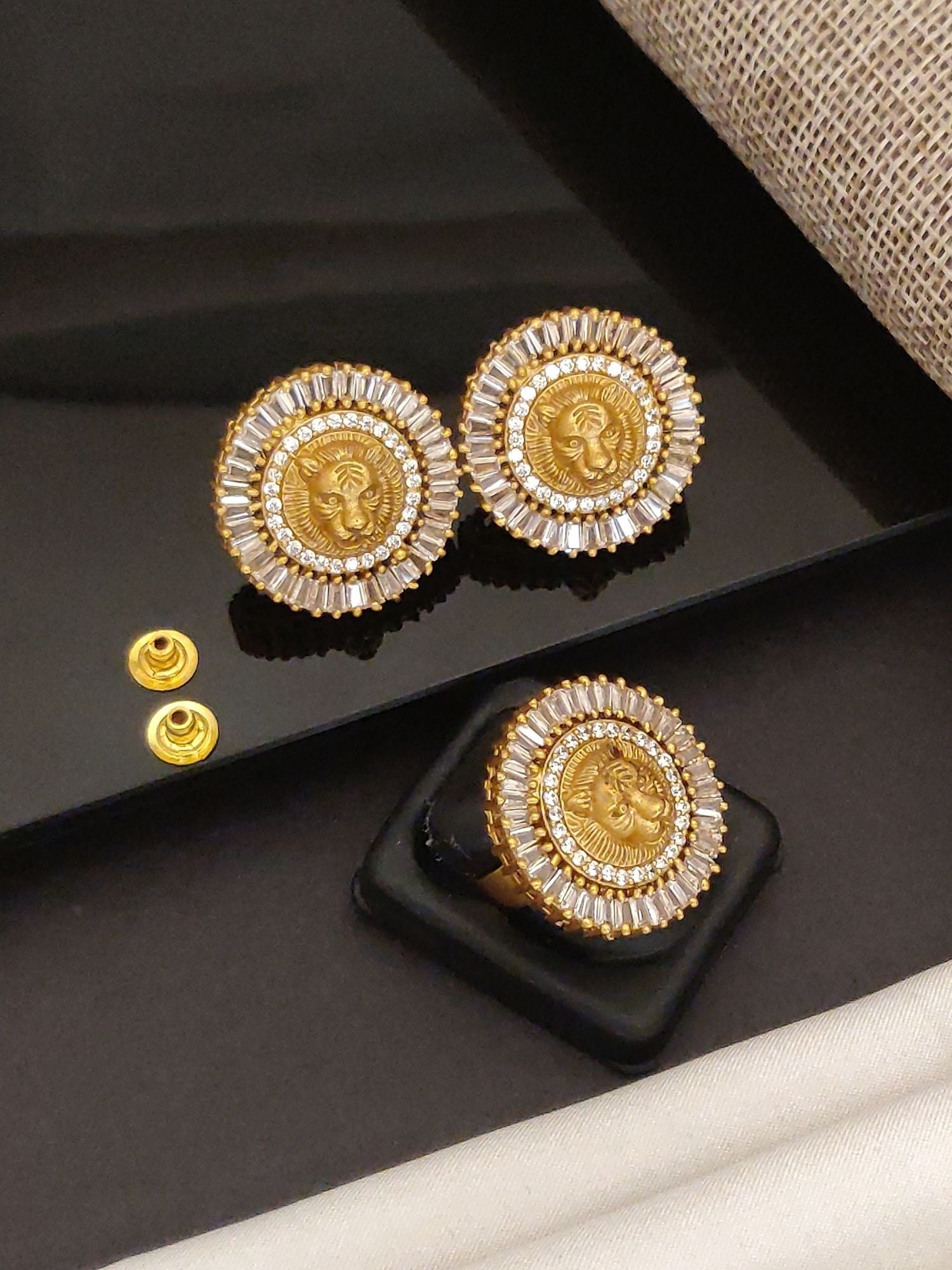 Abdesigns Sabyasachi inspired Gold Plated Earring And Ring Combo coin motif studs and matching ring with crystal accents