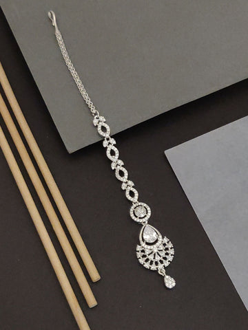 Abdesigns Silver CZ Bridal Maangtikka by Abdesignsjewellery silver chain with teardrop CZ pendant and filigree design