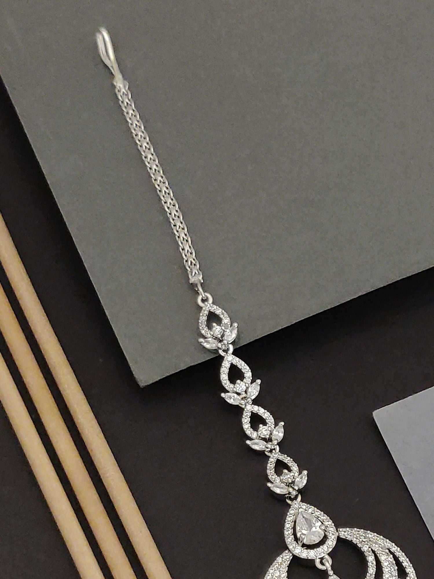 Abdesigns Silver CZ Maangtikka Chandelier Pendant with teardrop CZ stones and multi strand silver chain