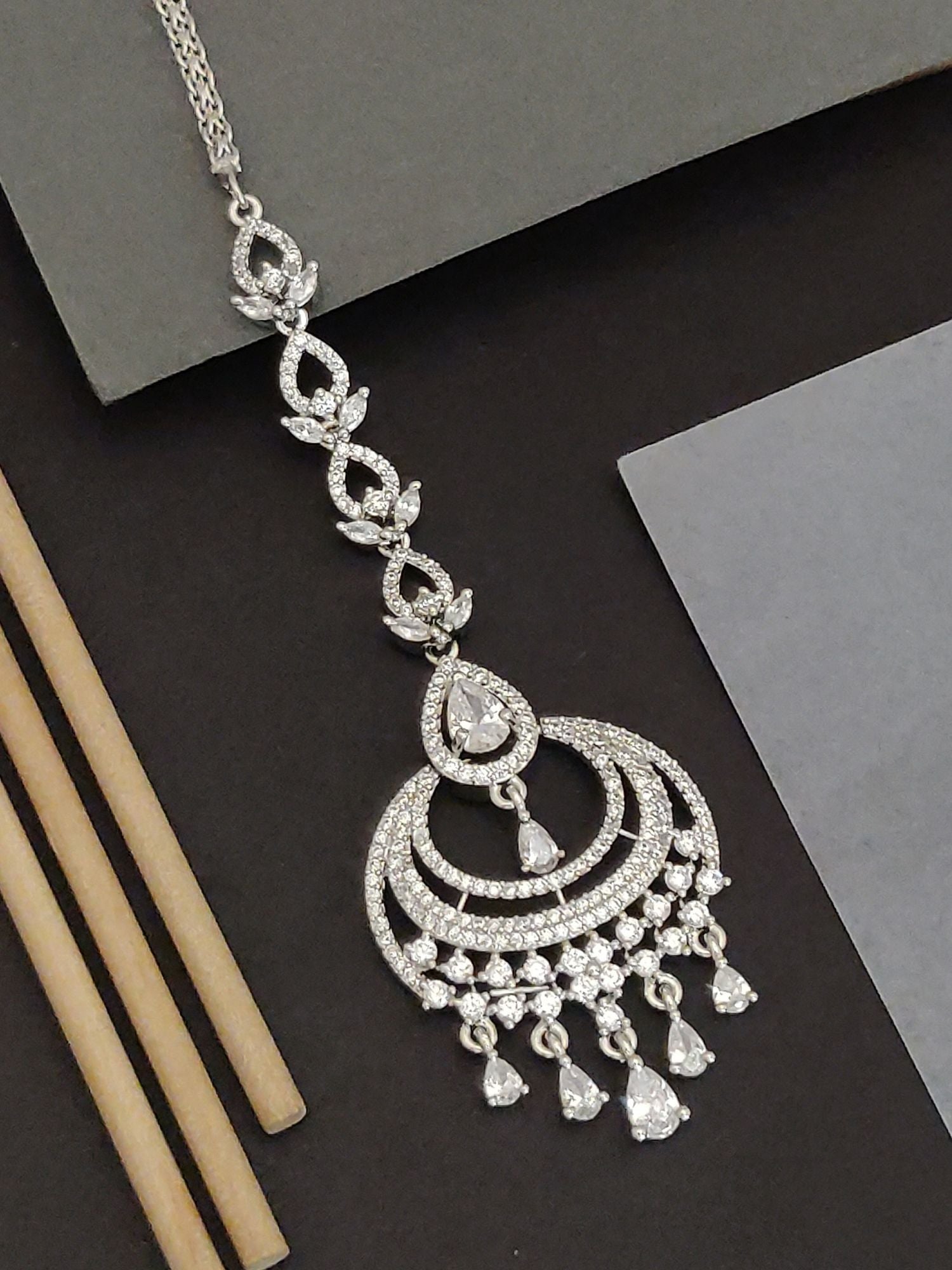 Abdesigns Silver CZ Maangtikka Chandelier Pendant with teardrop CZ drops and floral leaf chain design