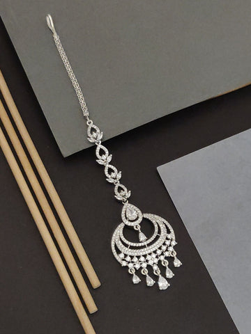 Abdesigns Silver CZ Maangtikka Chandelier Pendant long silver maangtikka with chandelier pendant and dangling teardrop CZ stones