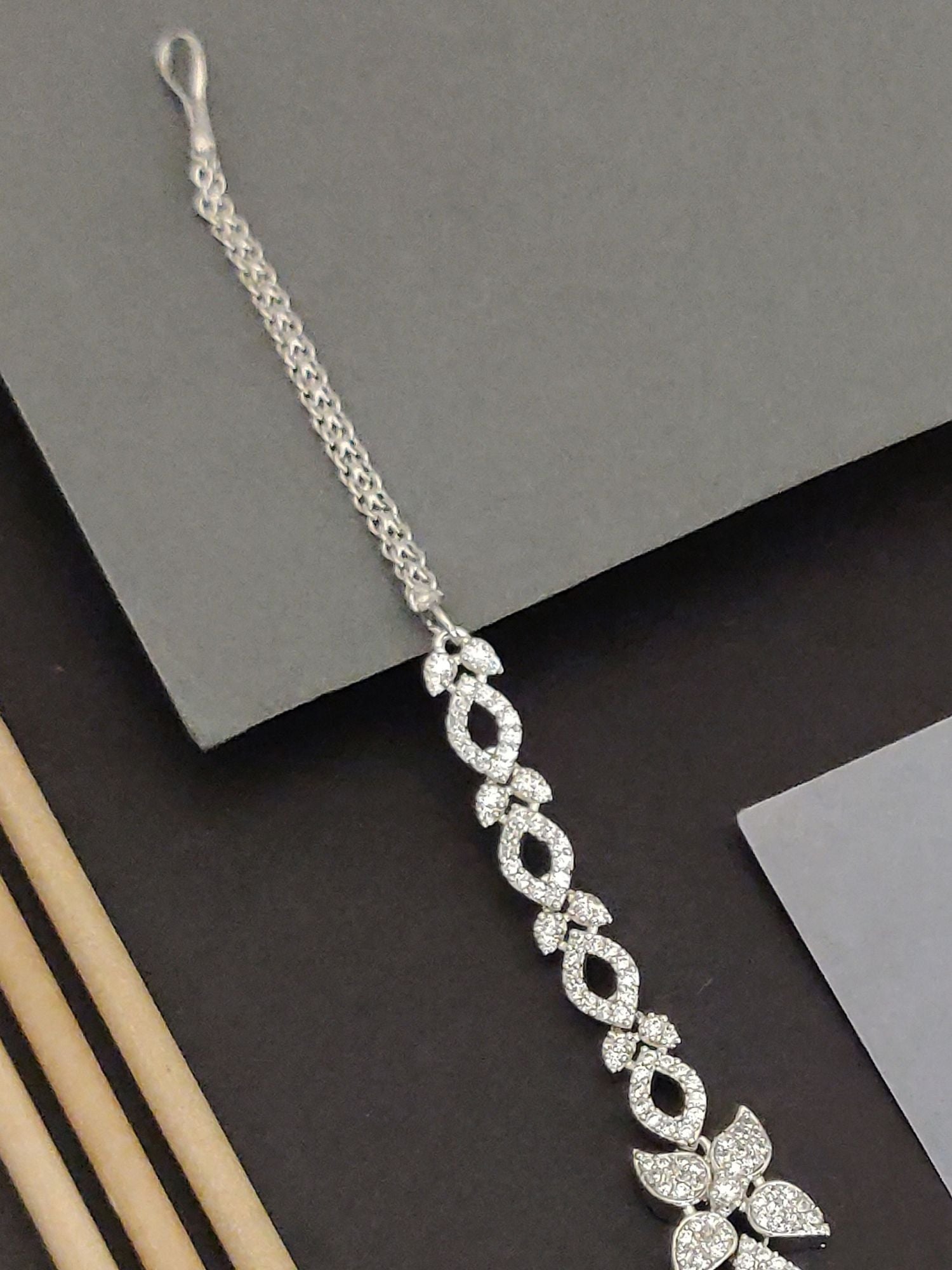 Abdesigns Silver Teardrop Maangtikka delicate silver chain with linked teardrop crystals and floral pendant