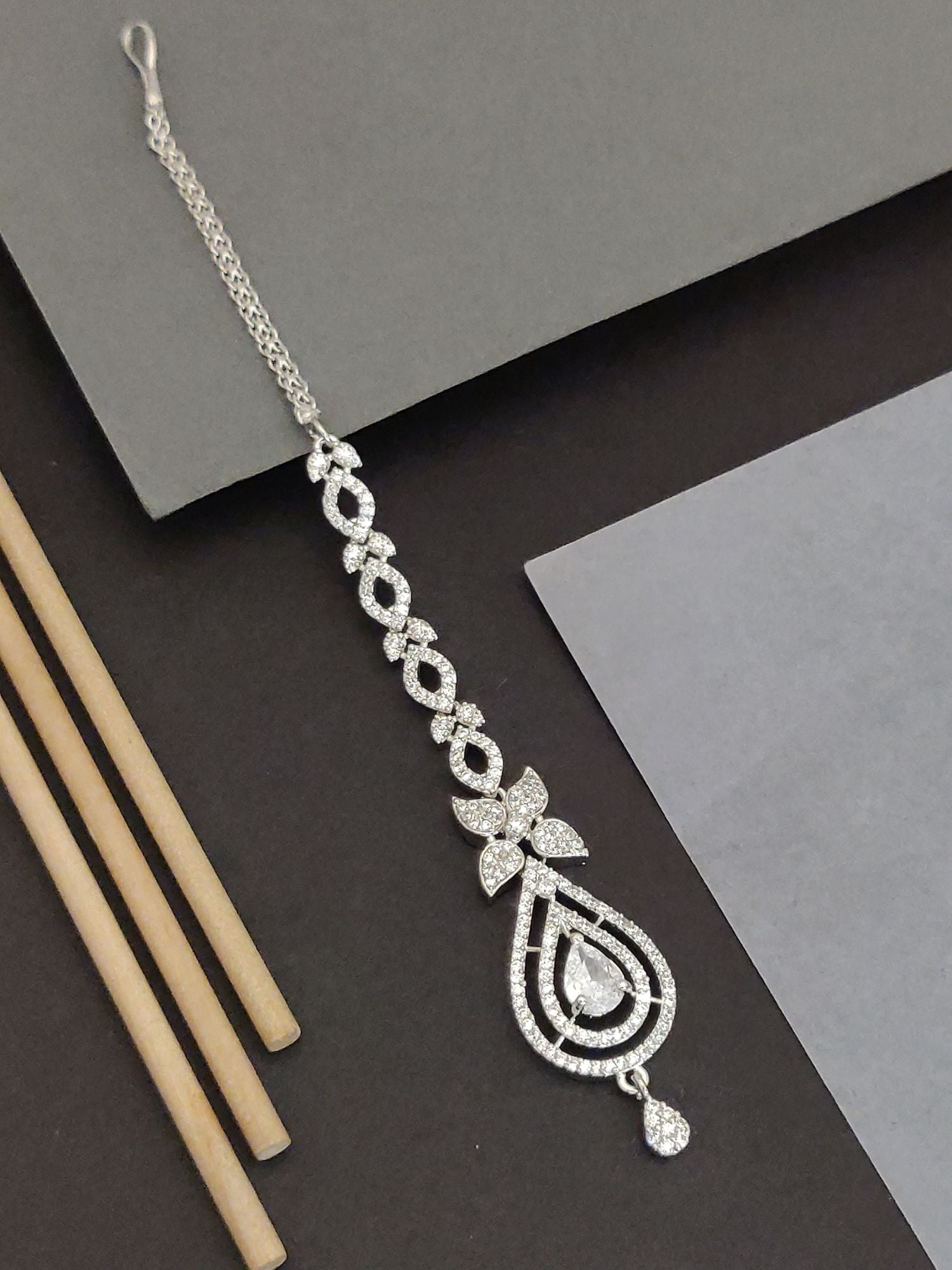 Abdesigns Silver Teardrop Maangtikka ornate crystal teardrop pendant with chain and dangling stone