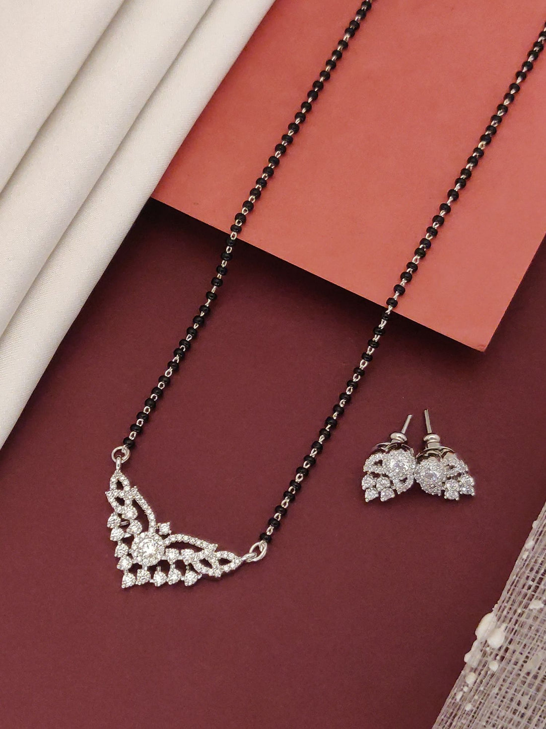 Abdesigns Sparkling CZ Mangalsutra Set delicate black bead necklace with CZ pendant and matching earrings