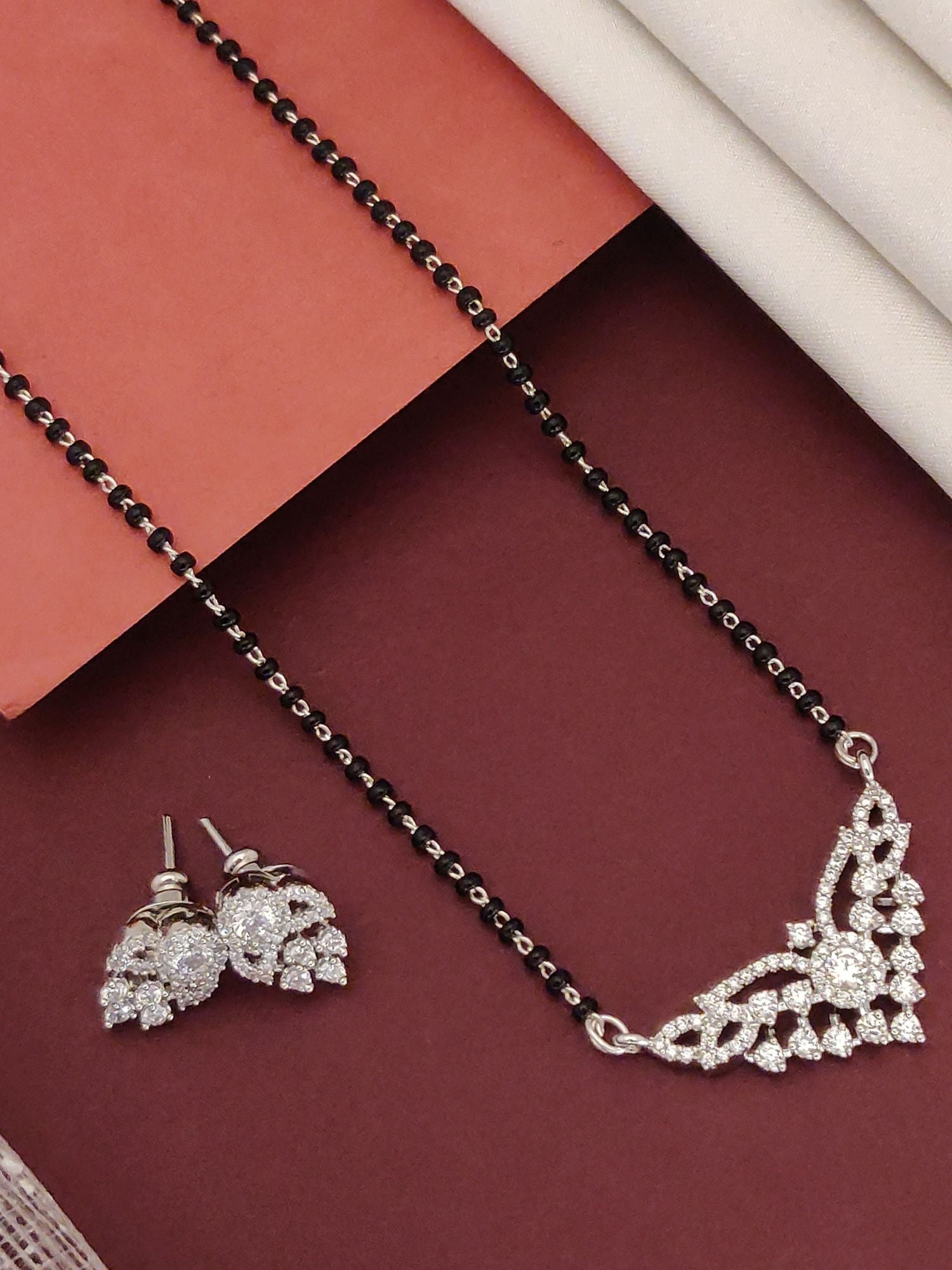 Abdesigns Sparkling CZ Mangalsutra Set silver black bead chain with floral CZ pendant and matching stud earrings