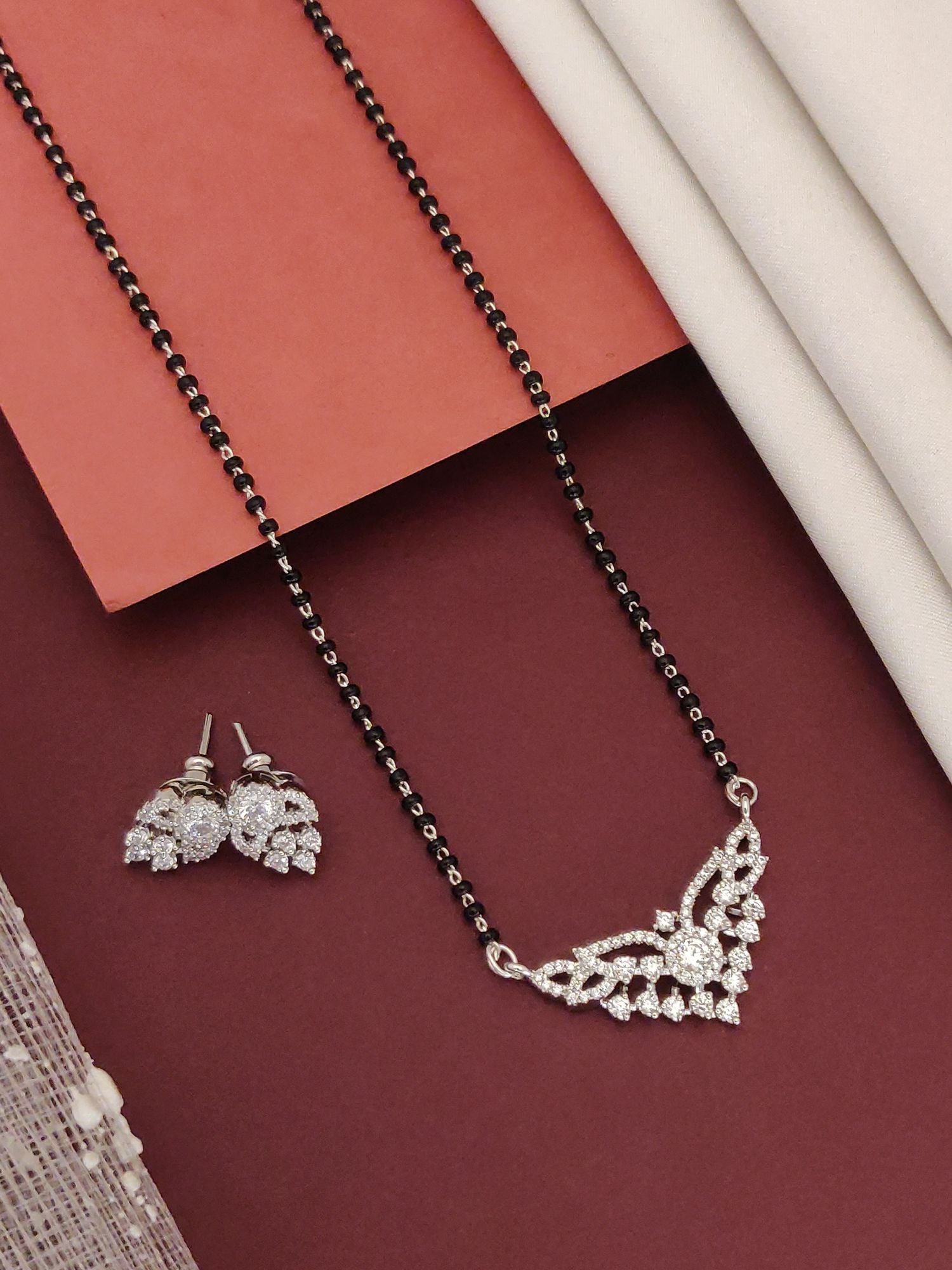 Abdesigns Sparkling CZ Mangalsutra Set delicate black bead necklace with CZ pendant and matching earrings