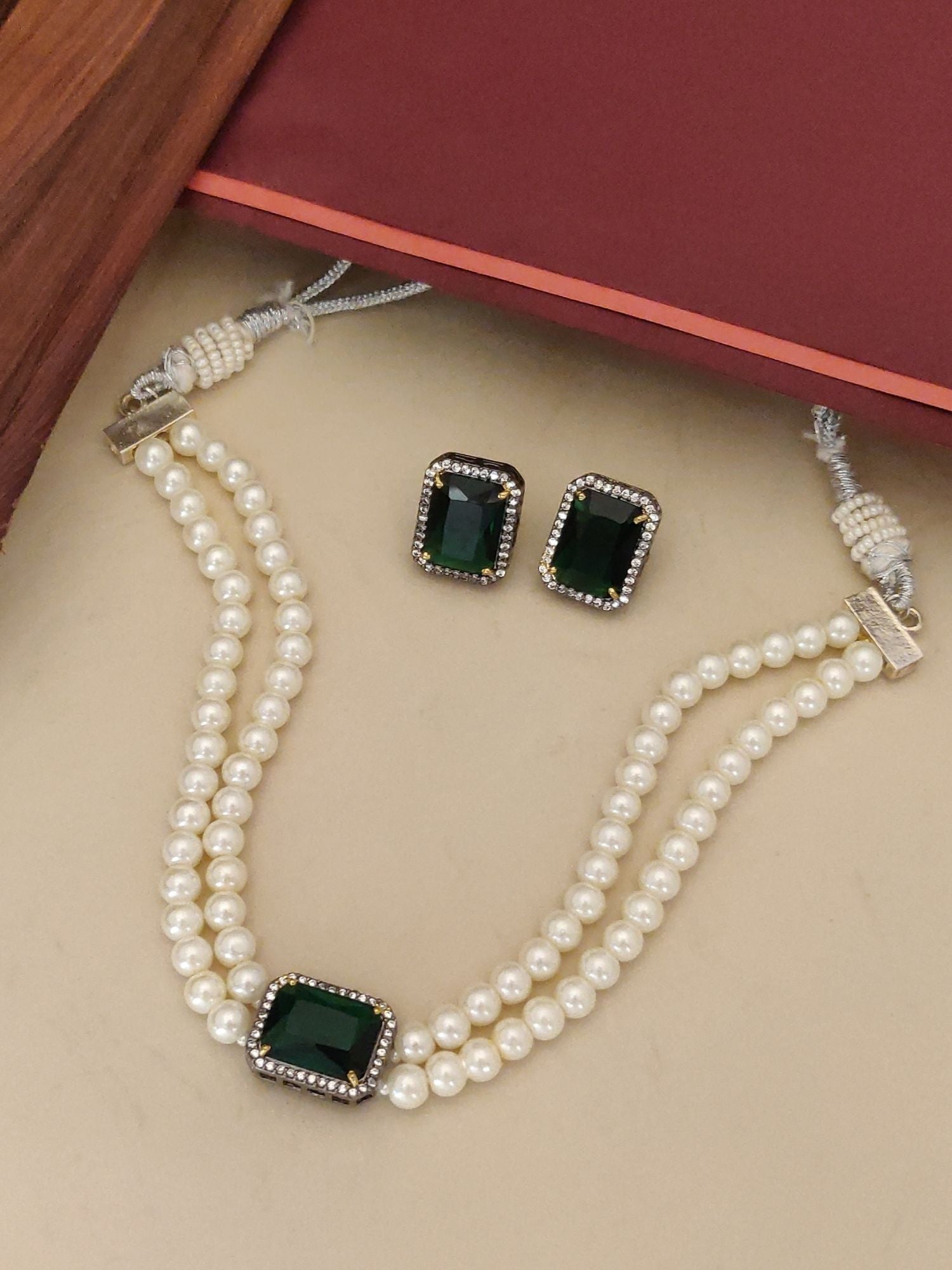 Alia bhatt silver plated pearl necklace set double strand pearls with green rectangular centerpiece and matching earrings