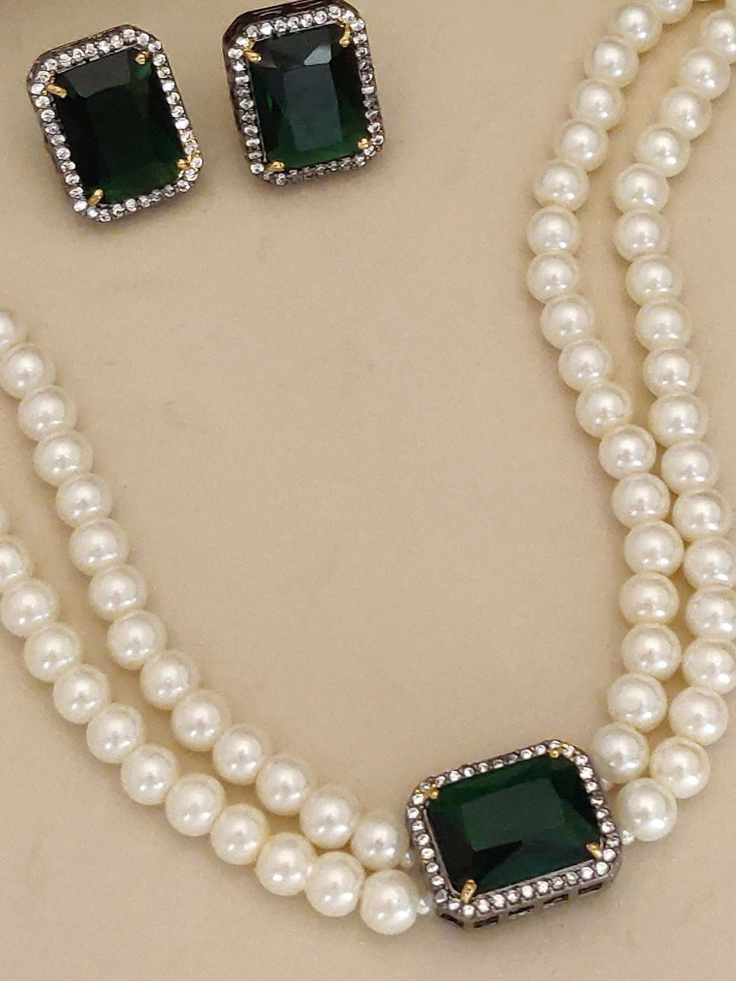 Alia bhatt silver plated pearl necklace set by Abdesignsjewellery double strand pearls with emerald stone studs