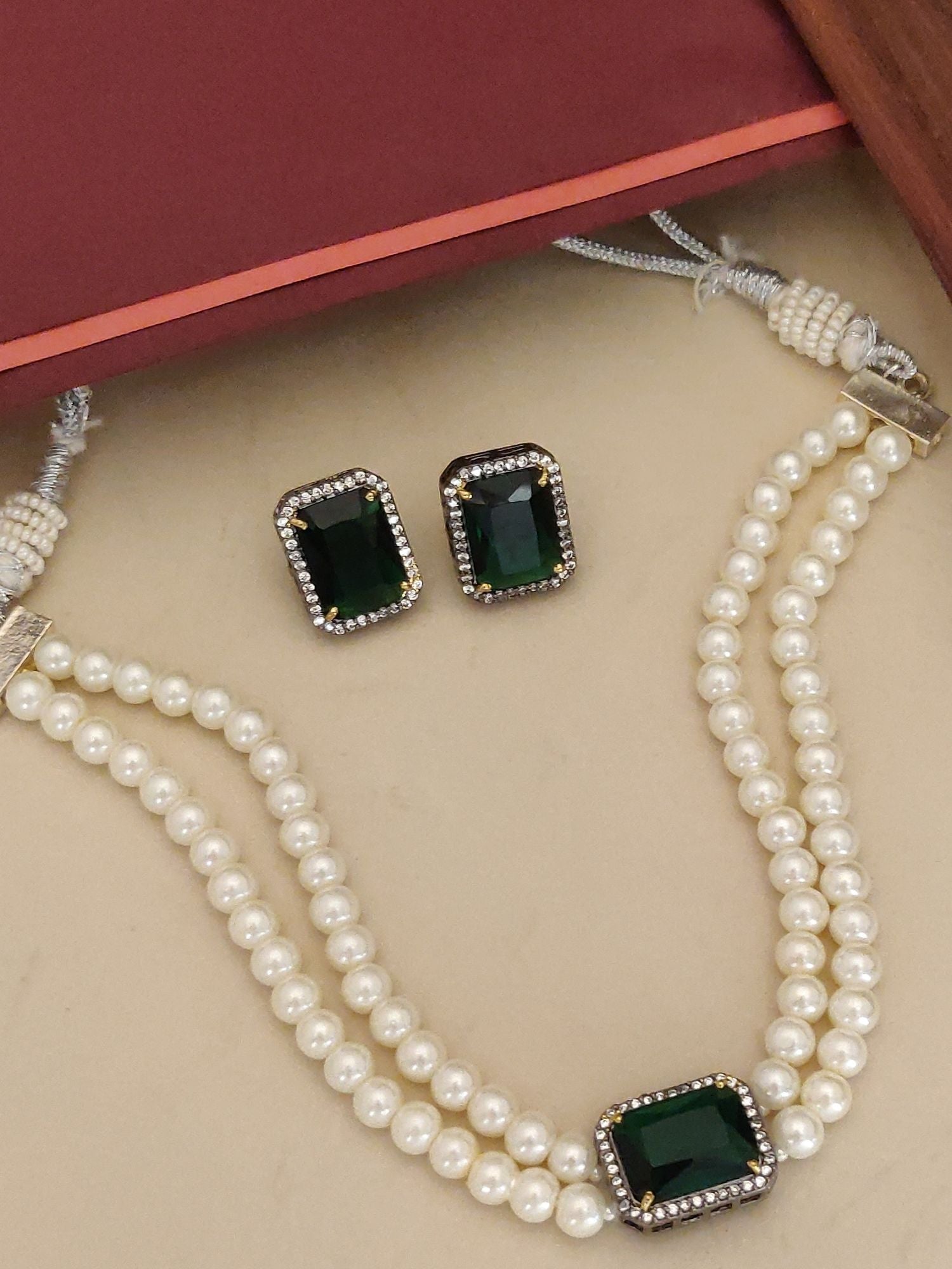 Alia bhatt silver plated pearl necklace set double strand pearls with green stone pendant and studs