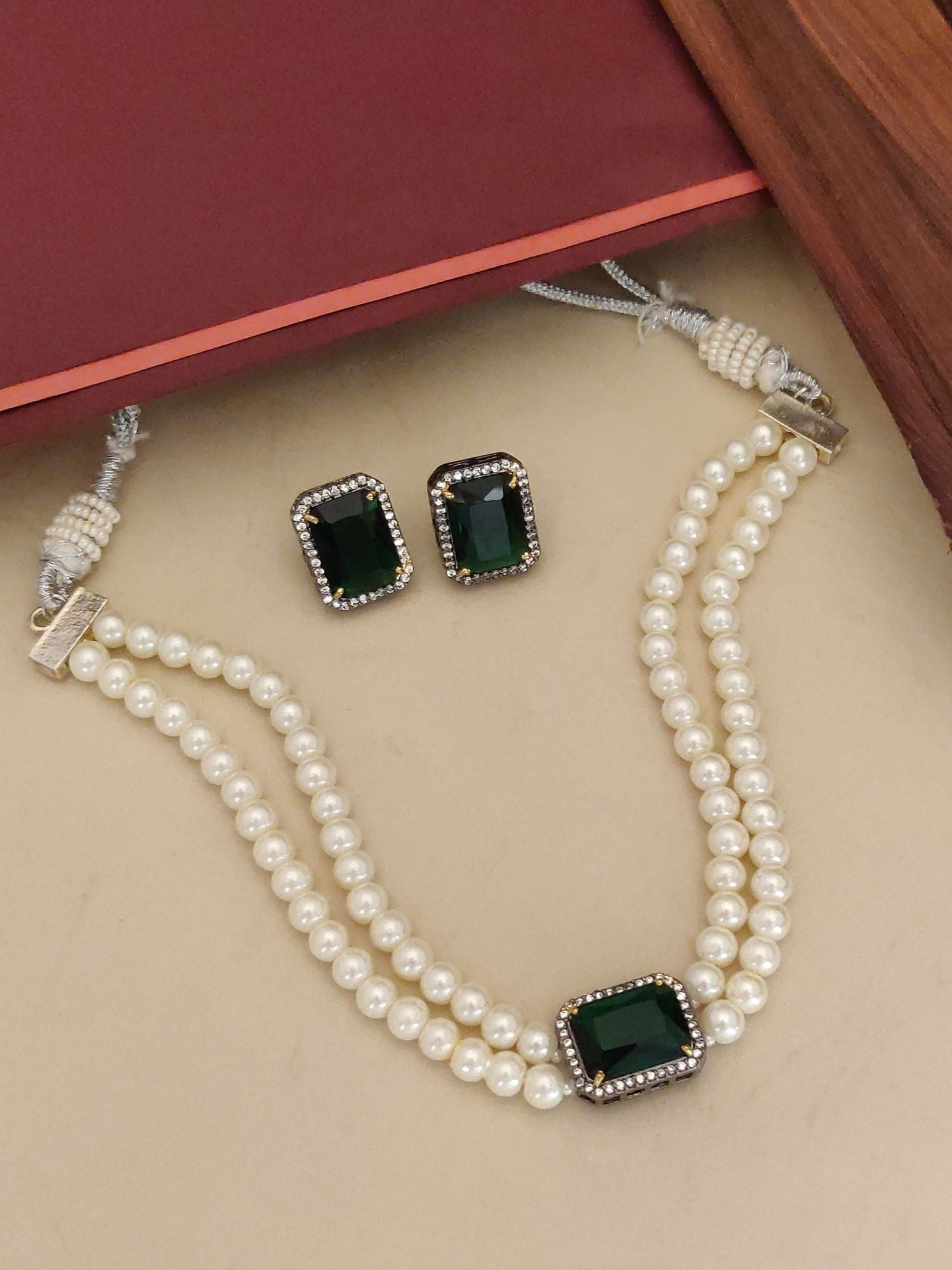 Alia bhatt silver plated pearl necklace set double strand pearls with green rectangular stone pendant and matching studs