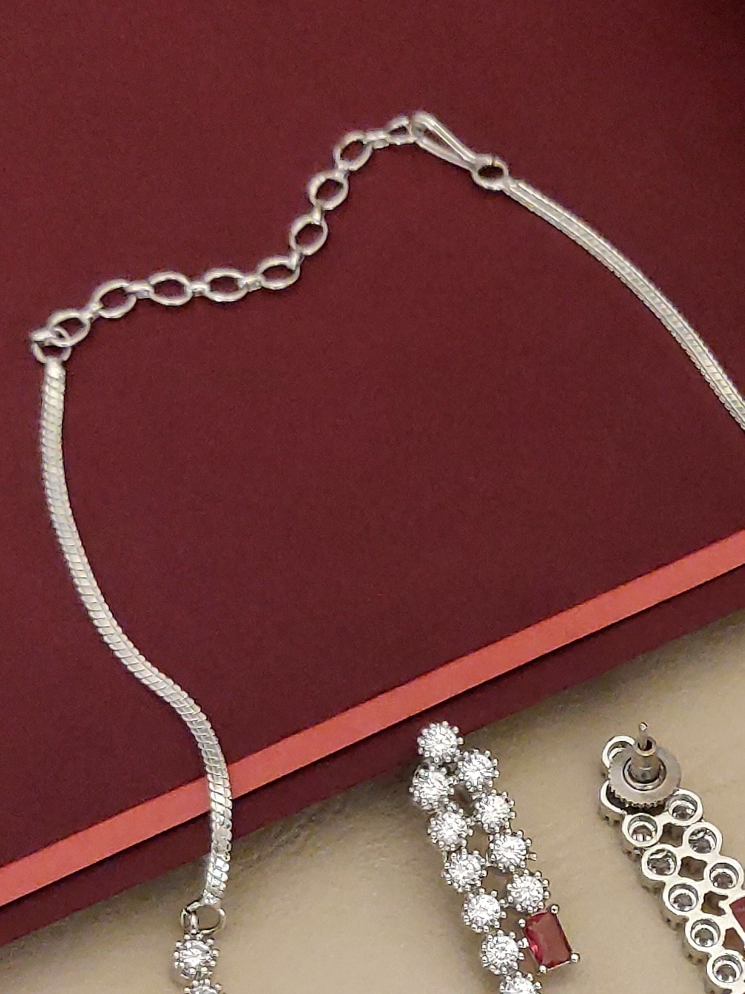 Abdesignsjewellery silver chain with adjustable clasp and cluster pendant with red stone American diamond necklace set