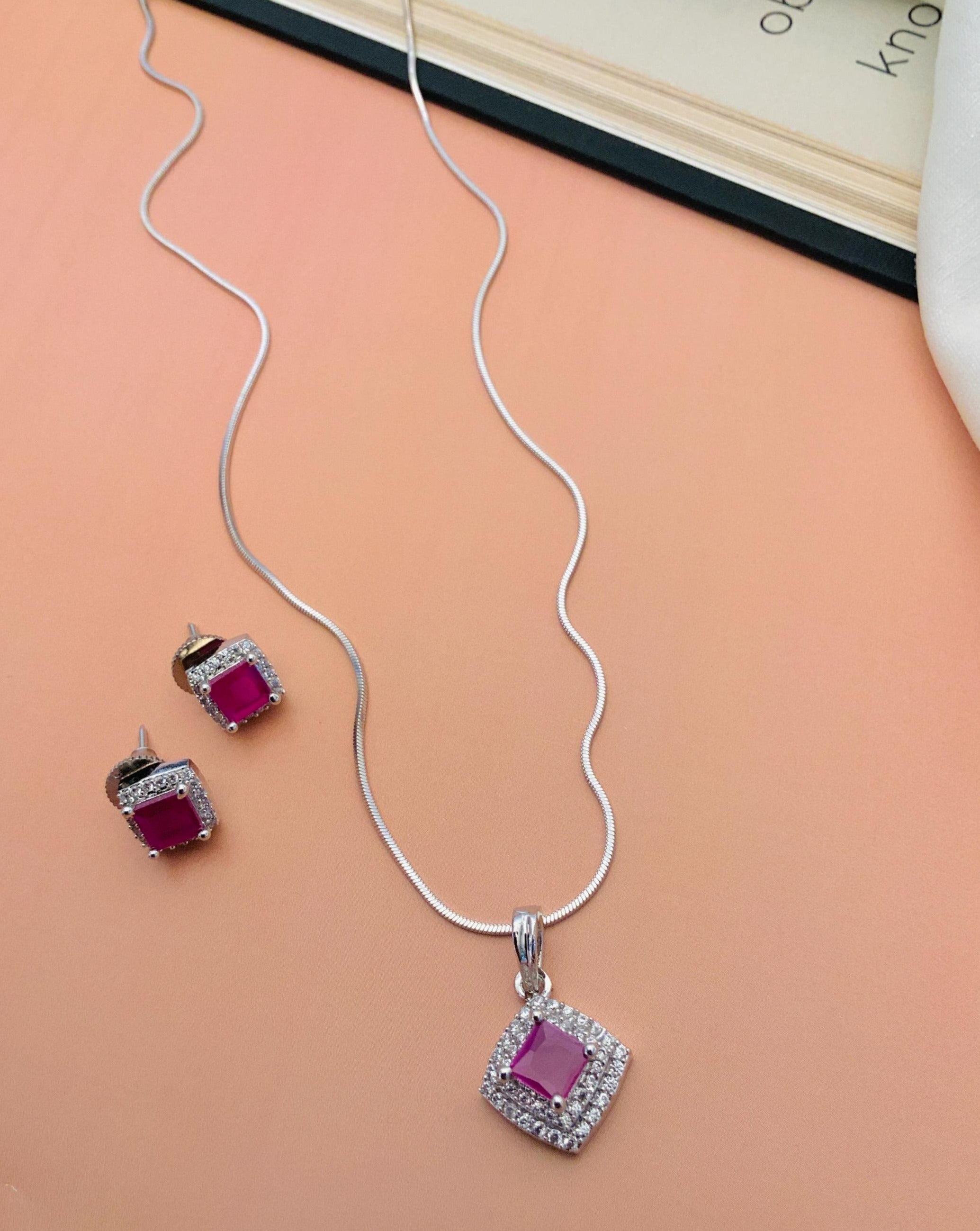 Abdesignsjewellery american diamond pendant set for daily wear pink square pendant with matching studs on silver chain