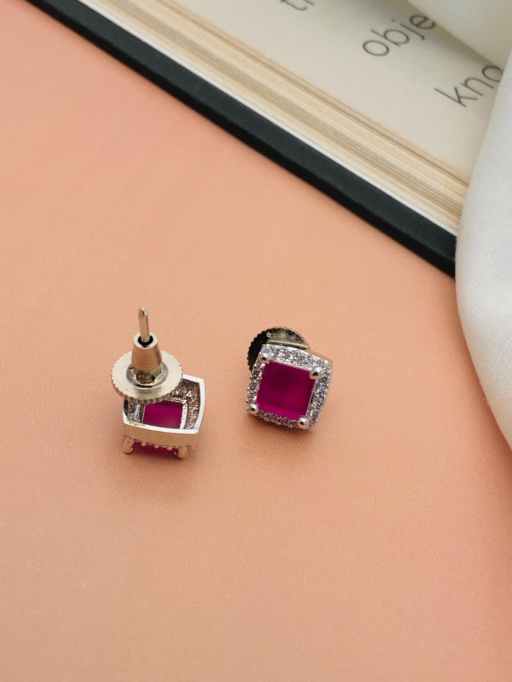 Abdesignsjewellery pink square stone pendant set with halo clear stones american diamond pendant set for daily wear