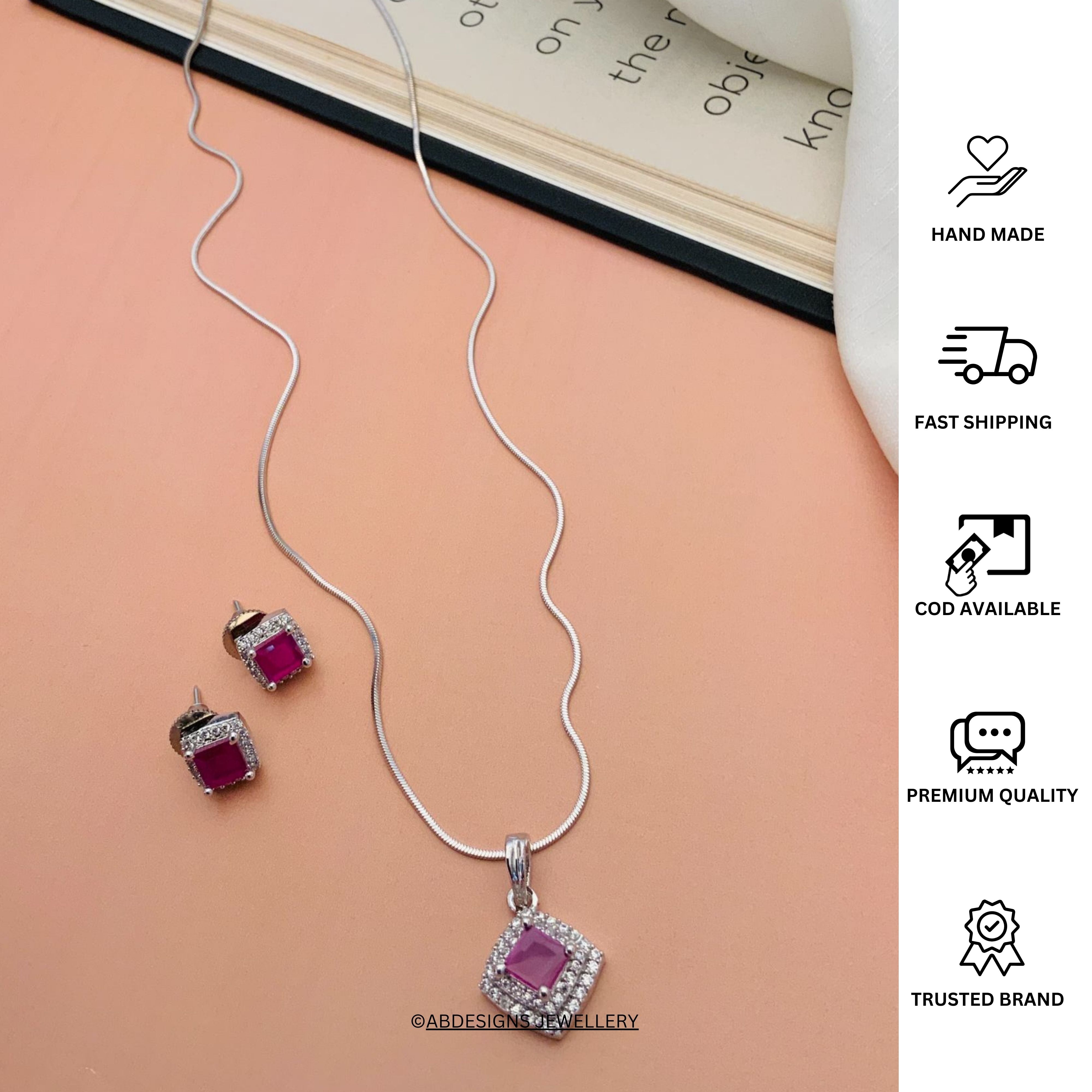 Abdesignsjewellery silver necklace with square pink center and matching stud earrings american diamond pendant set for daily wear