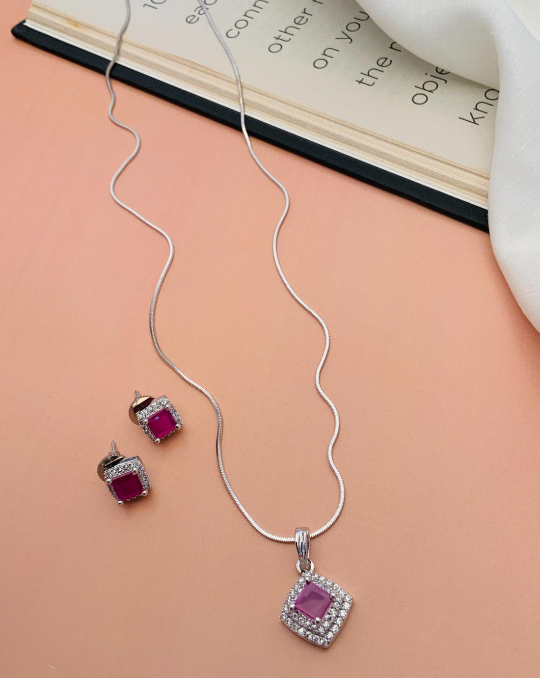 Silver necklace and earrings with pink stones and halo american diamond pendant set for daily wear