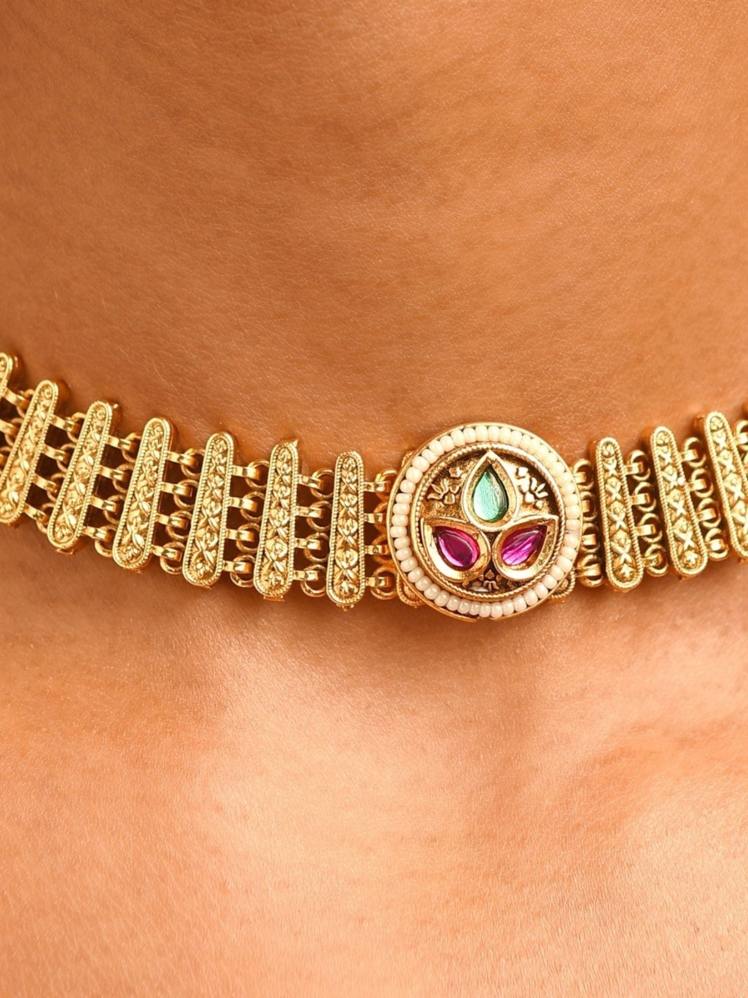 Abdesignsjewellery antique gold plated necklace set choker with central multistone pendant on neck