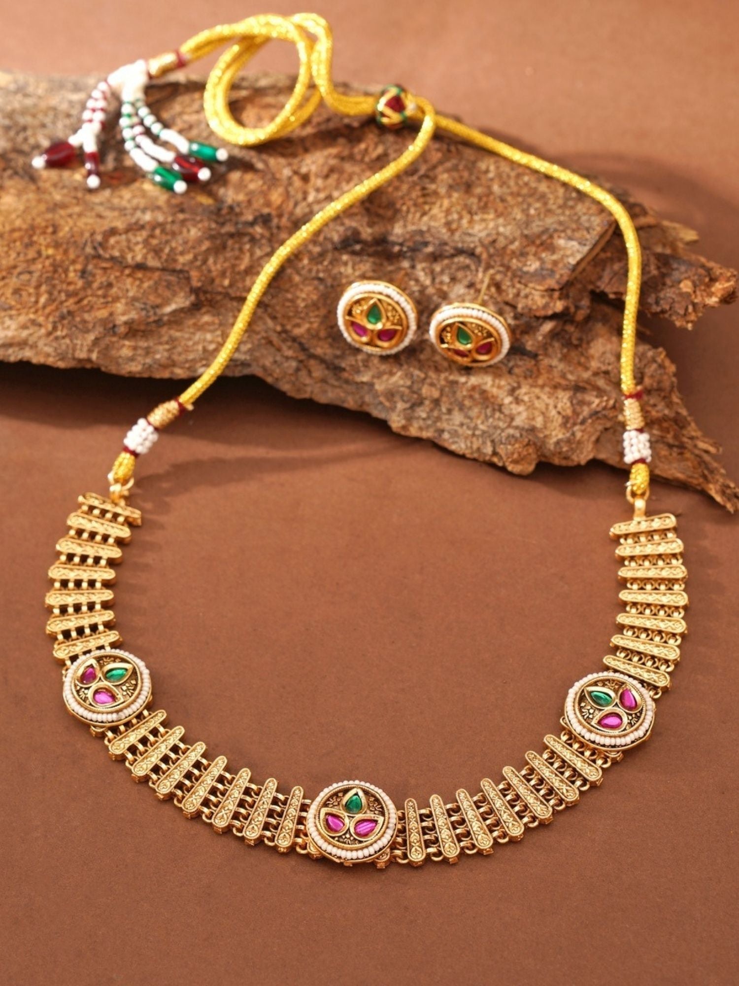 Abdesignsjewellery antique gold plated necklace set with green and pink stone accents and matching stud earrings