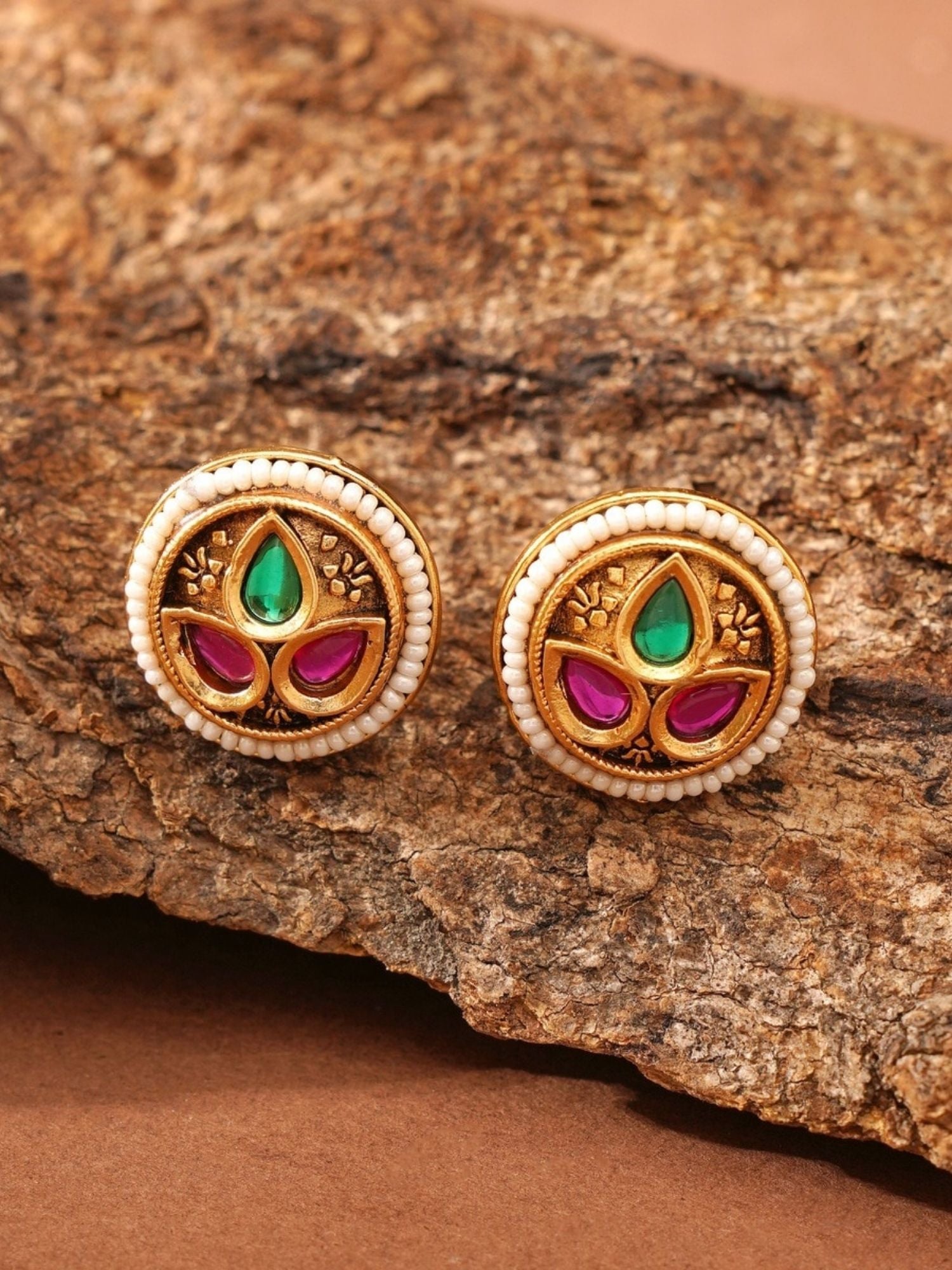 Abdesignsjewellery round gold stud earrings with green and pink stones and pearl border in antique gold plated necklace set