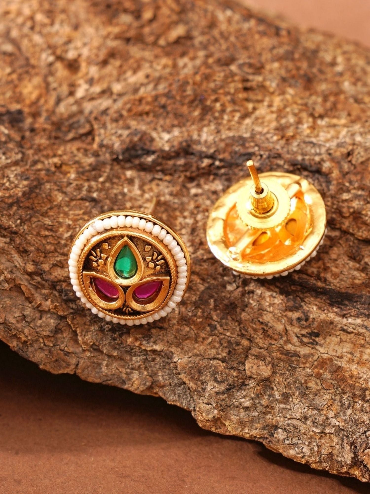 Abdesignsjewellery antique gold plated necklace set showing round enamel stud earrings with green and red stones