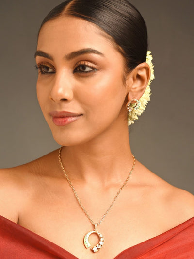 Antique Gold Plated Polki Pendant Set With EarringsAbdesigns