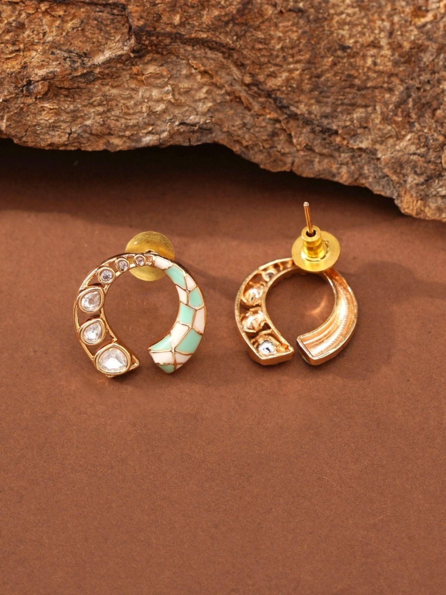 Antique Gold Plated Polki Pendant Set With Earrings round open hoop earrings with mint enamel and polki stones