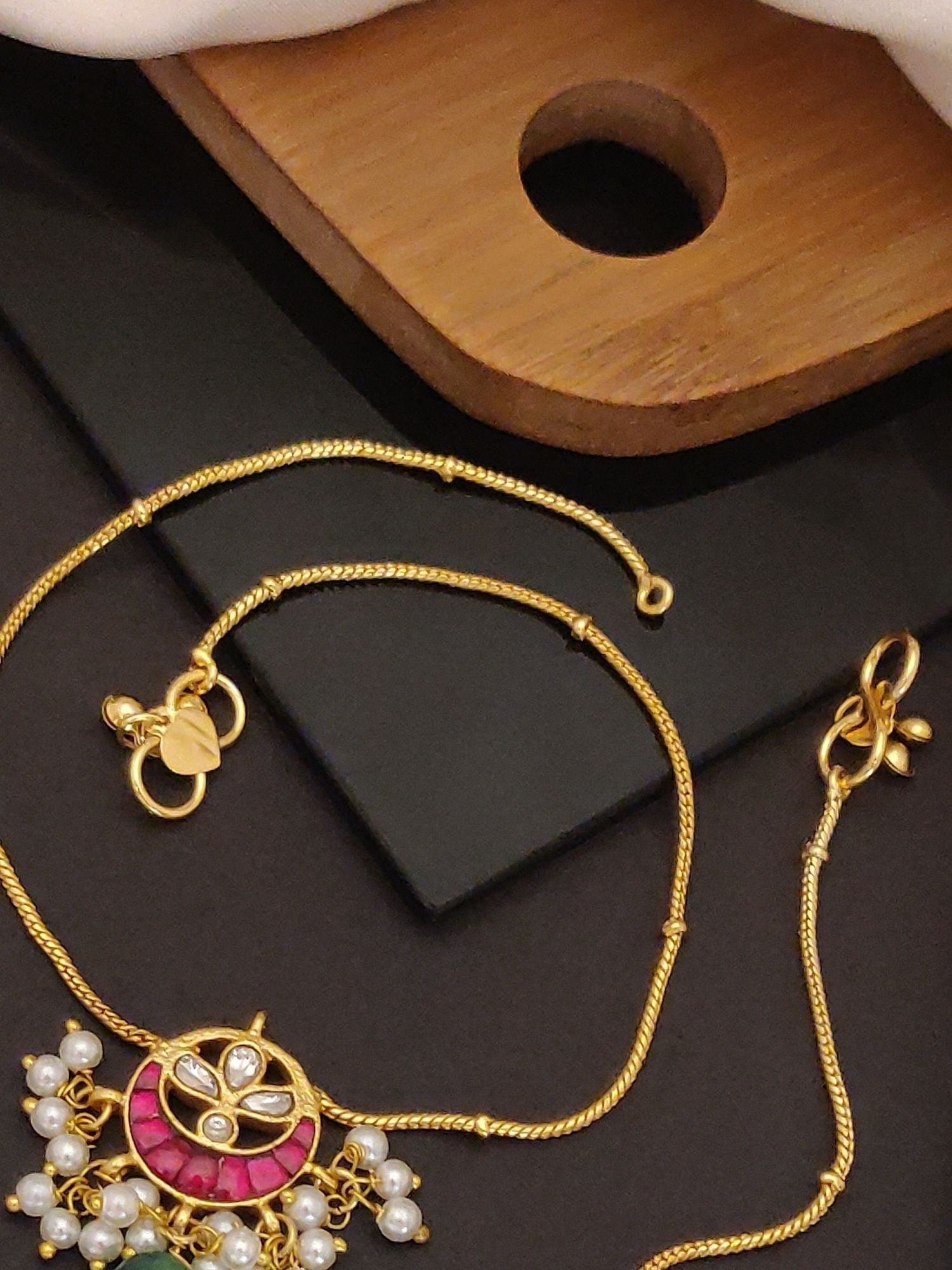 Abdesignsjewellery gold anklet with pink stone pendant and dangling pearls artificial anklets with stones and pearls