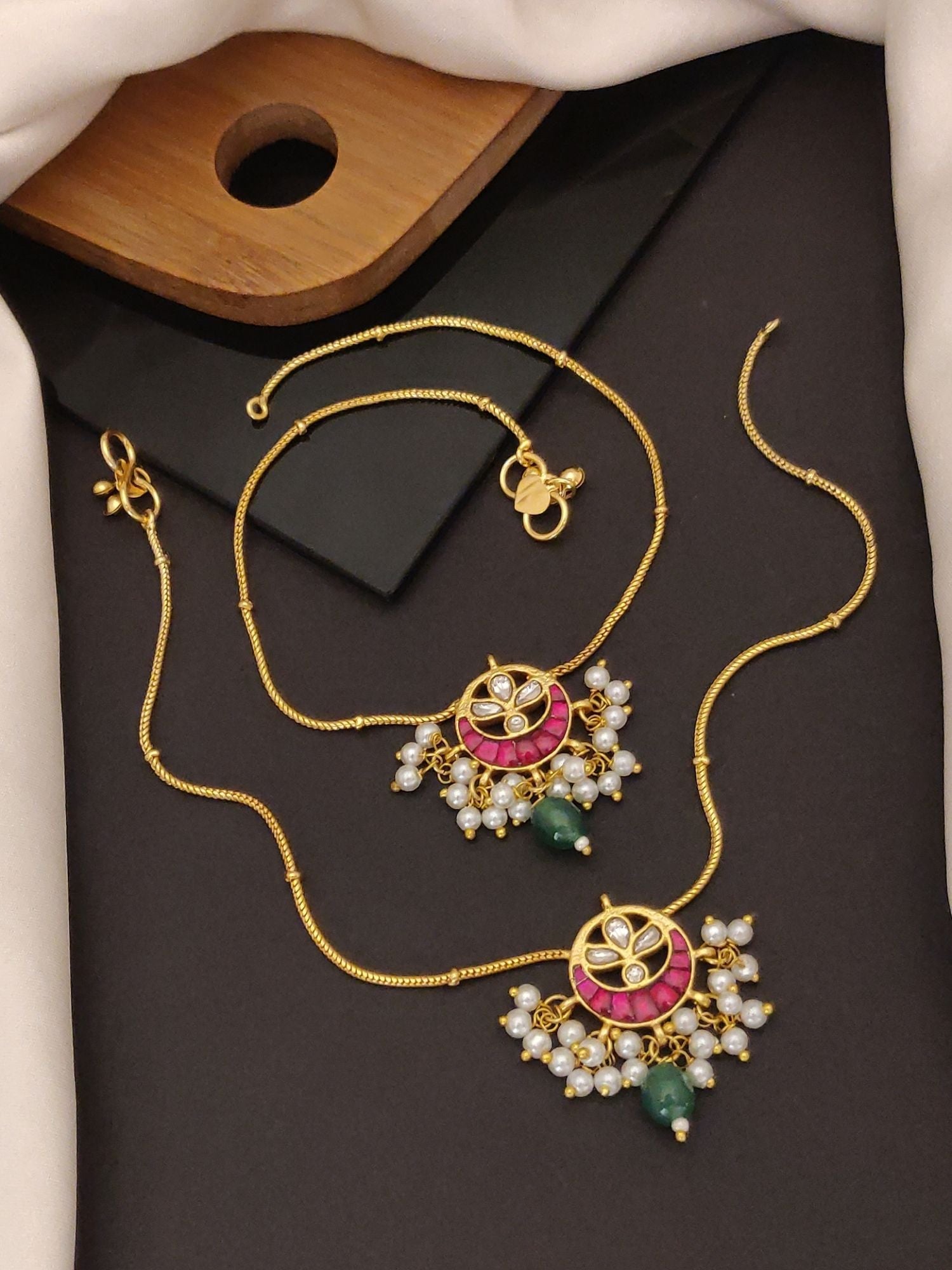 Abdesignsjewellery gold anklets with floral pendant pink stones pearls and green beads artificial anklets with stones and pearls