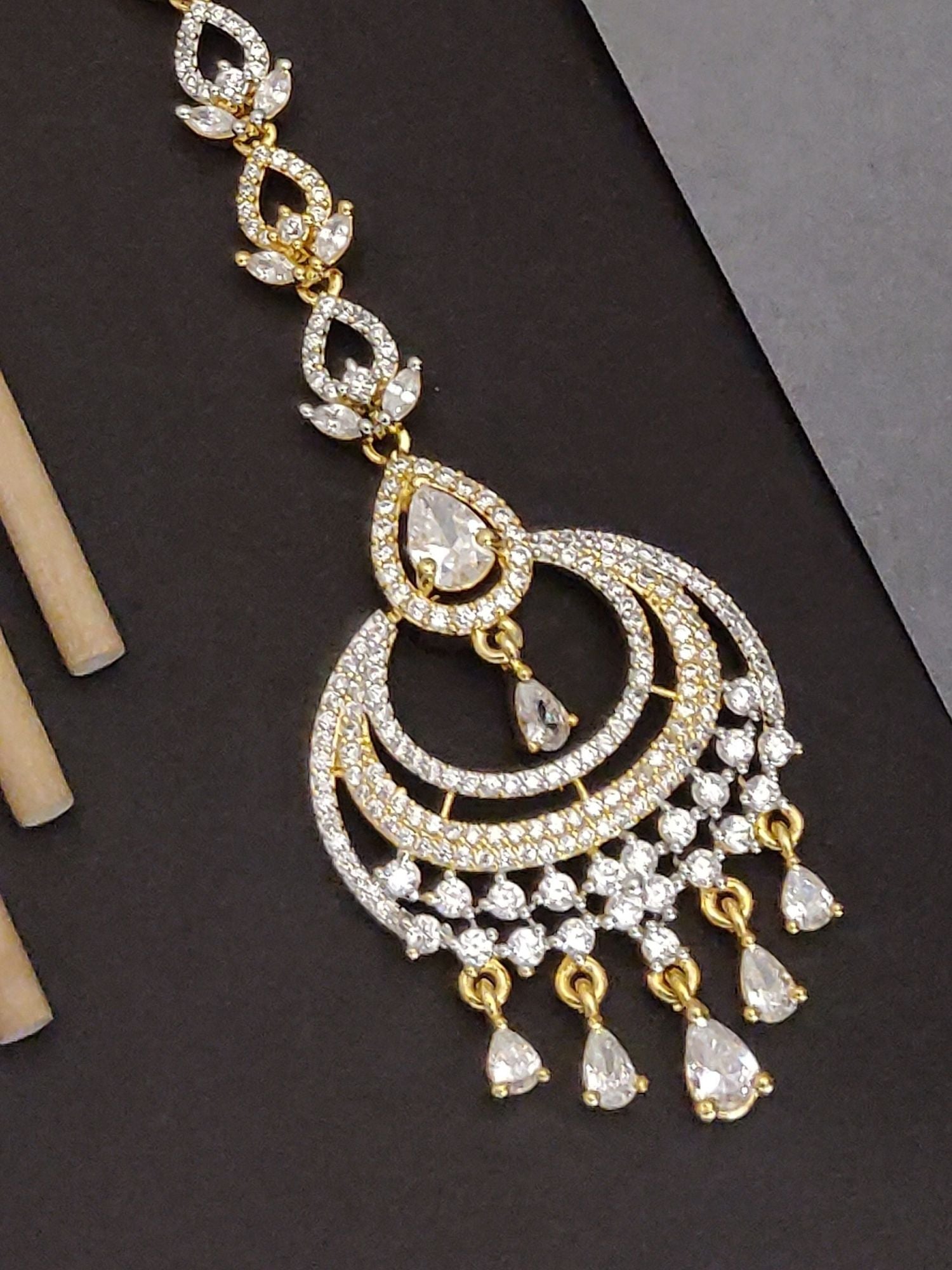 Abdesignsjewellery gold tone chandelier maangtikka with teardrop crystals and dangling stones artificial bridal maangtikka online