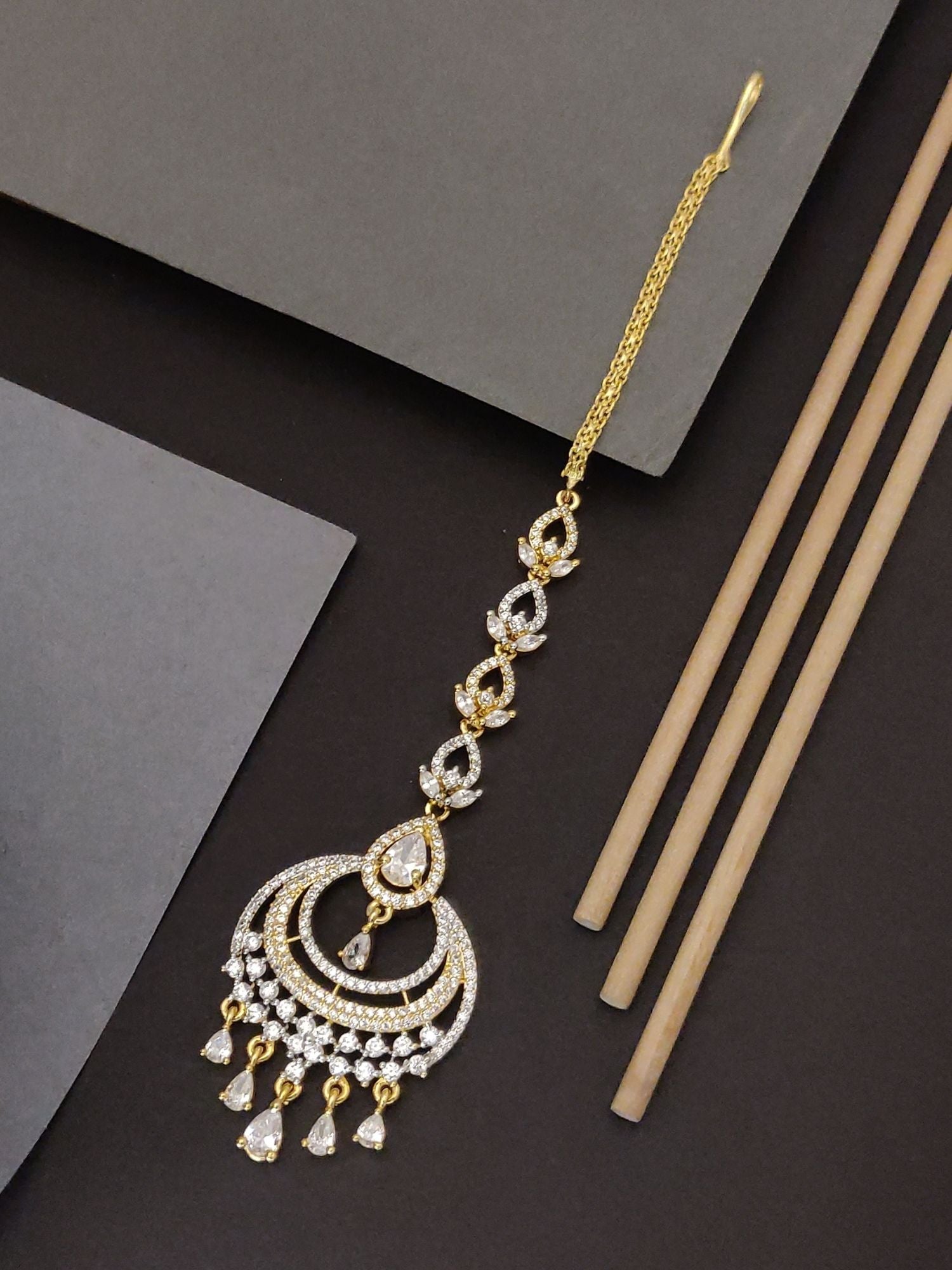 Abdesignsjewellery gold and white stone artificial bridal maangtikka online with crescent pendant and teardrop dangles