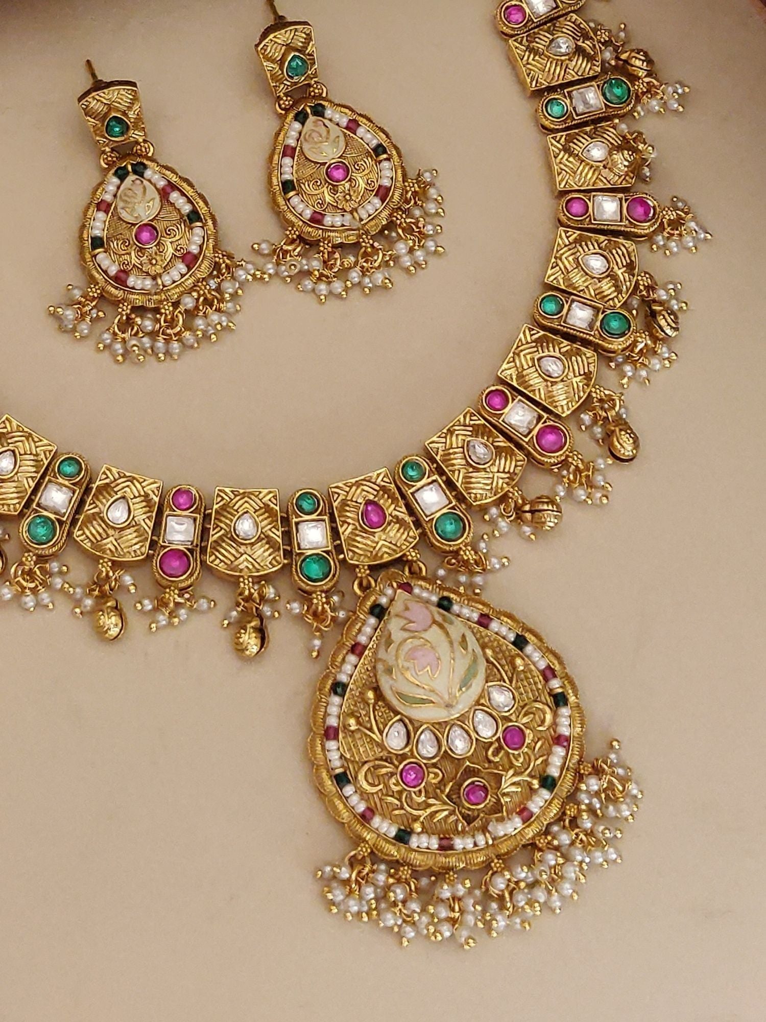 Abdesignsjewellery artificial gold maangtikka necklace earrings set with multicolor stones and pearl drops
