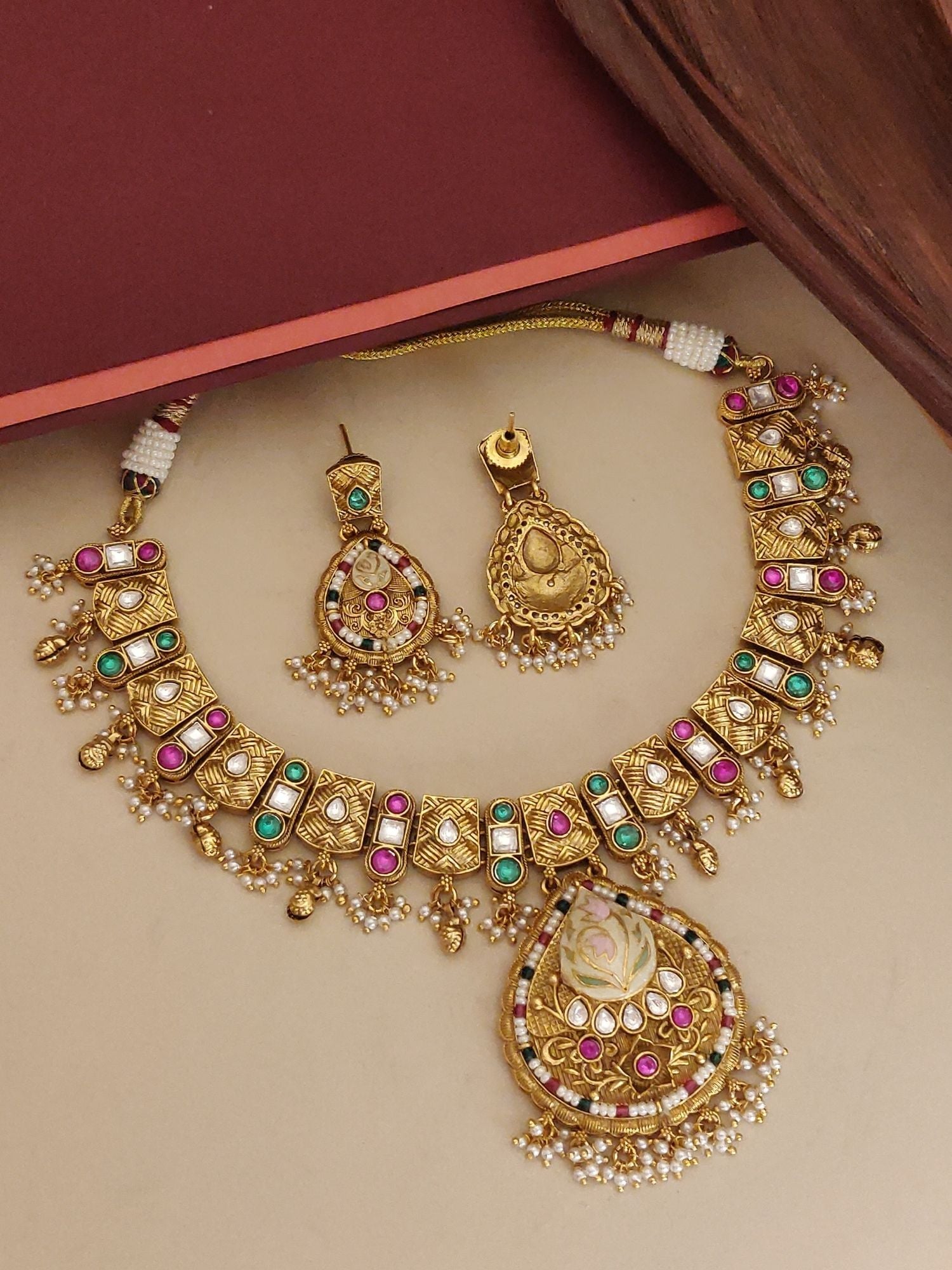 Abdesignsjewellery artificial gold maangtikka necklace earrings set polki with pink green stones and pearl drops