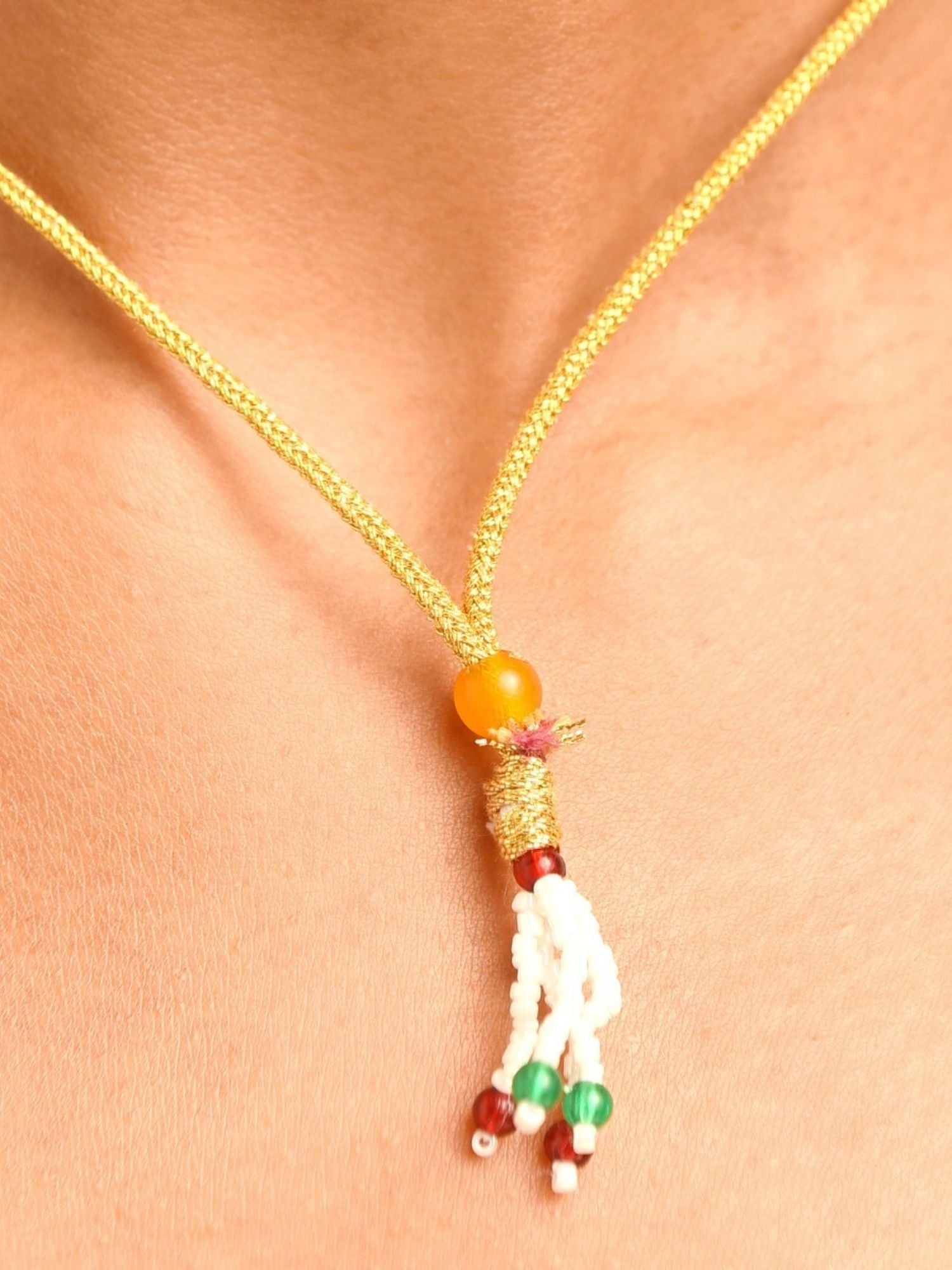 Abdesignsjewellery artificial gold plated multicolour choker set braided gold cord with orange bead and multicolour tassel