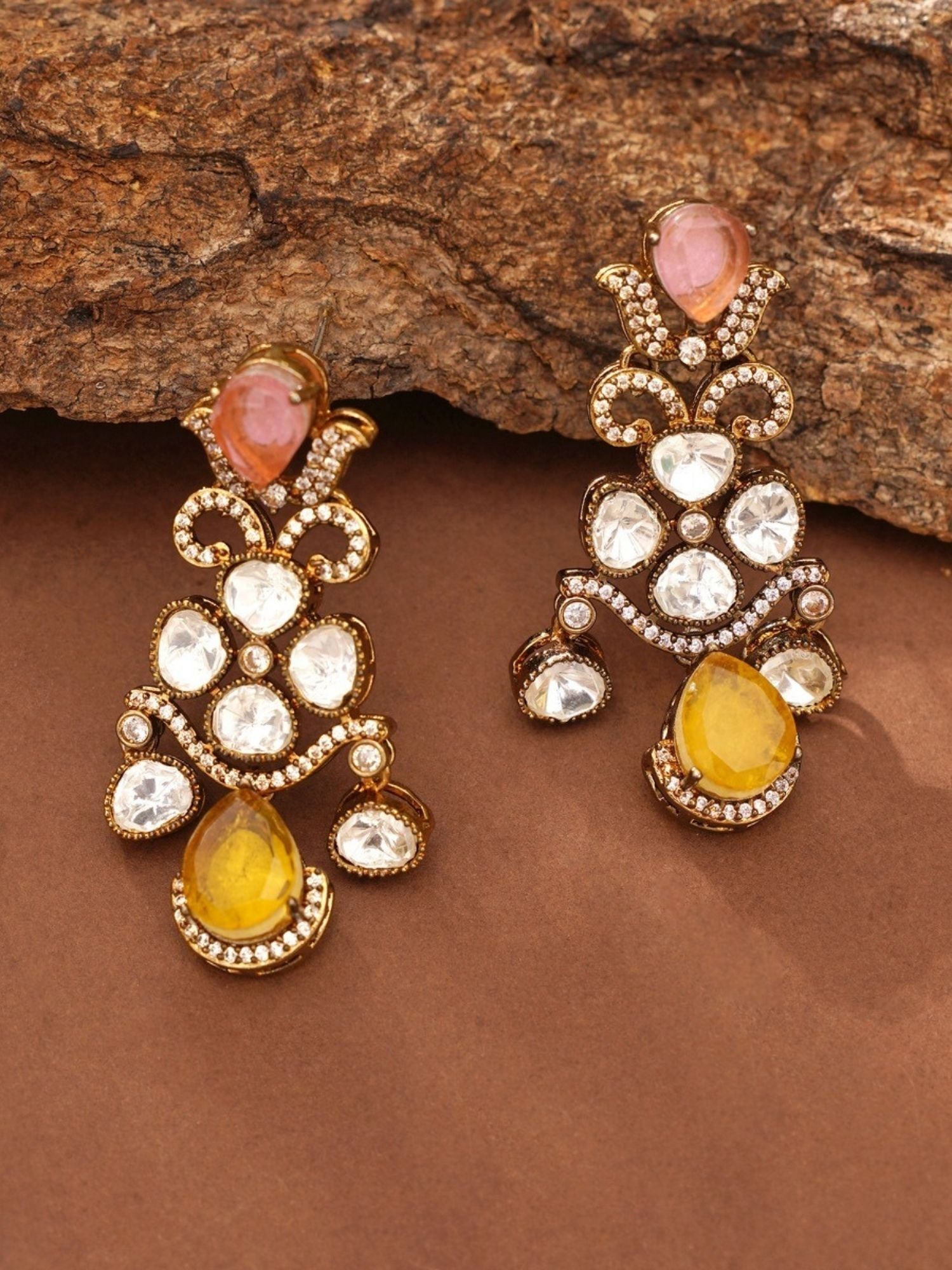 Pair of ornate gold earrings with pink and yellow stones part of artificial gold plated multicolour choker set