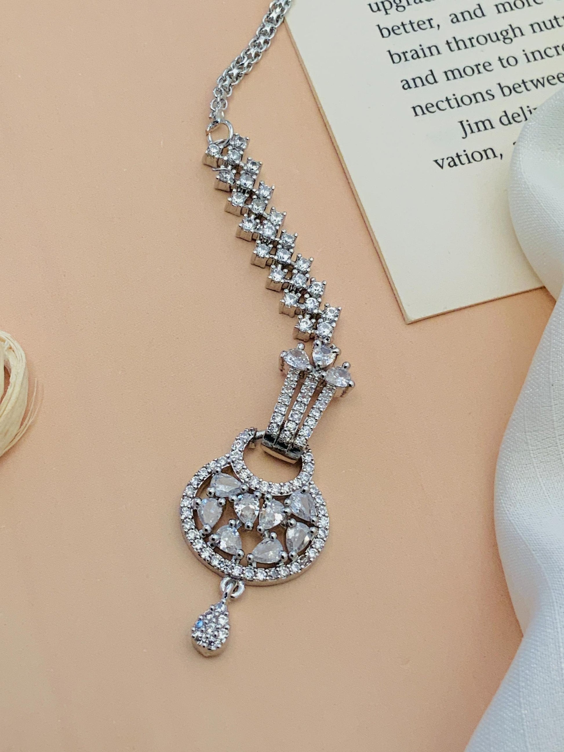 Beautiful Silver Plated American Diamond Maangtikka with intricate sparkling design by Abdesignsjewellery